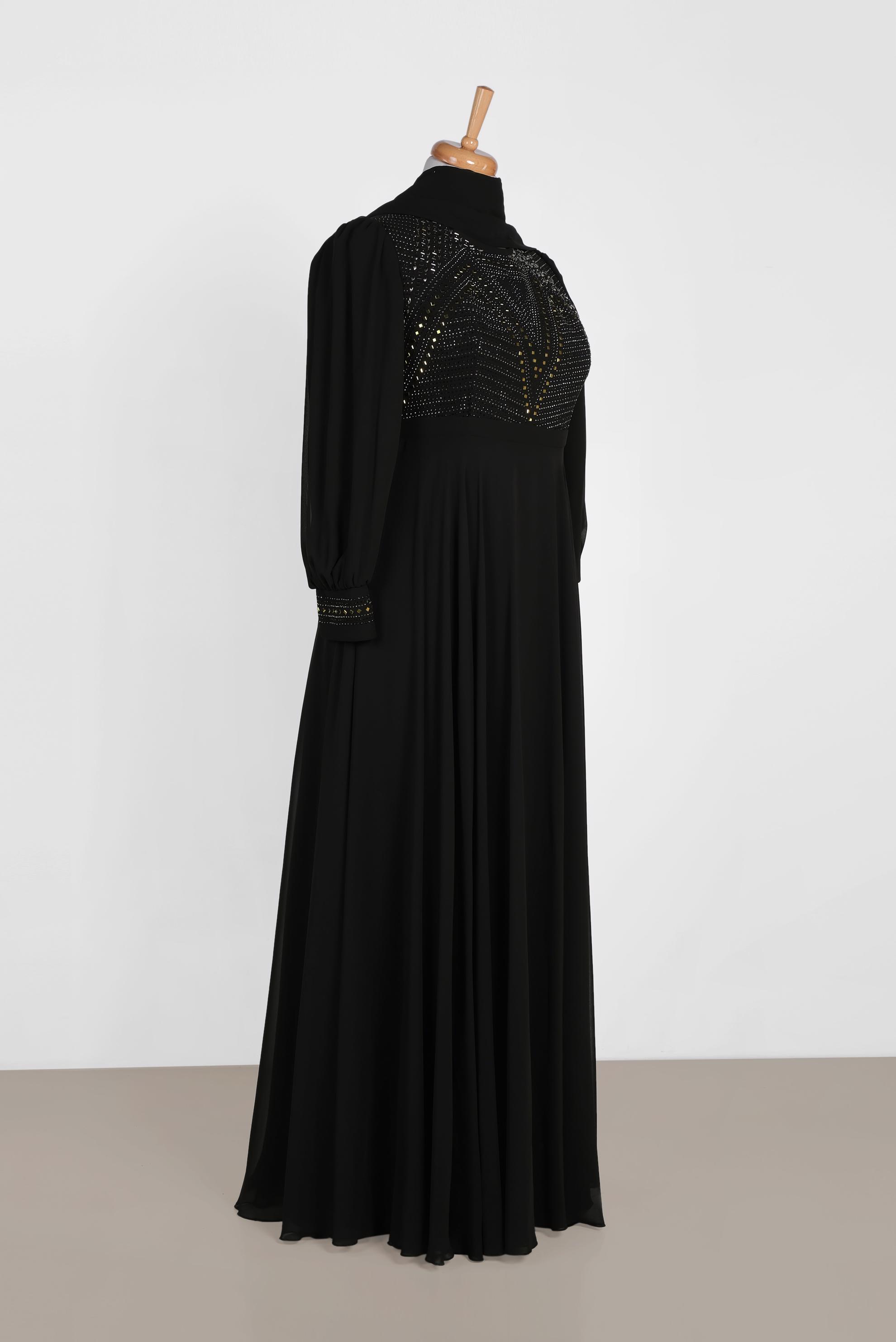 Tesettür giyim SİYAH TAŞ BASKILI MULTİ ŞİFON ABİYE ELBİSE 5427