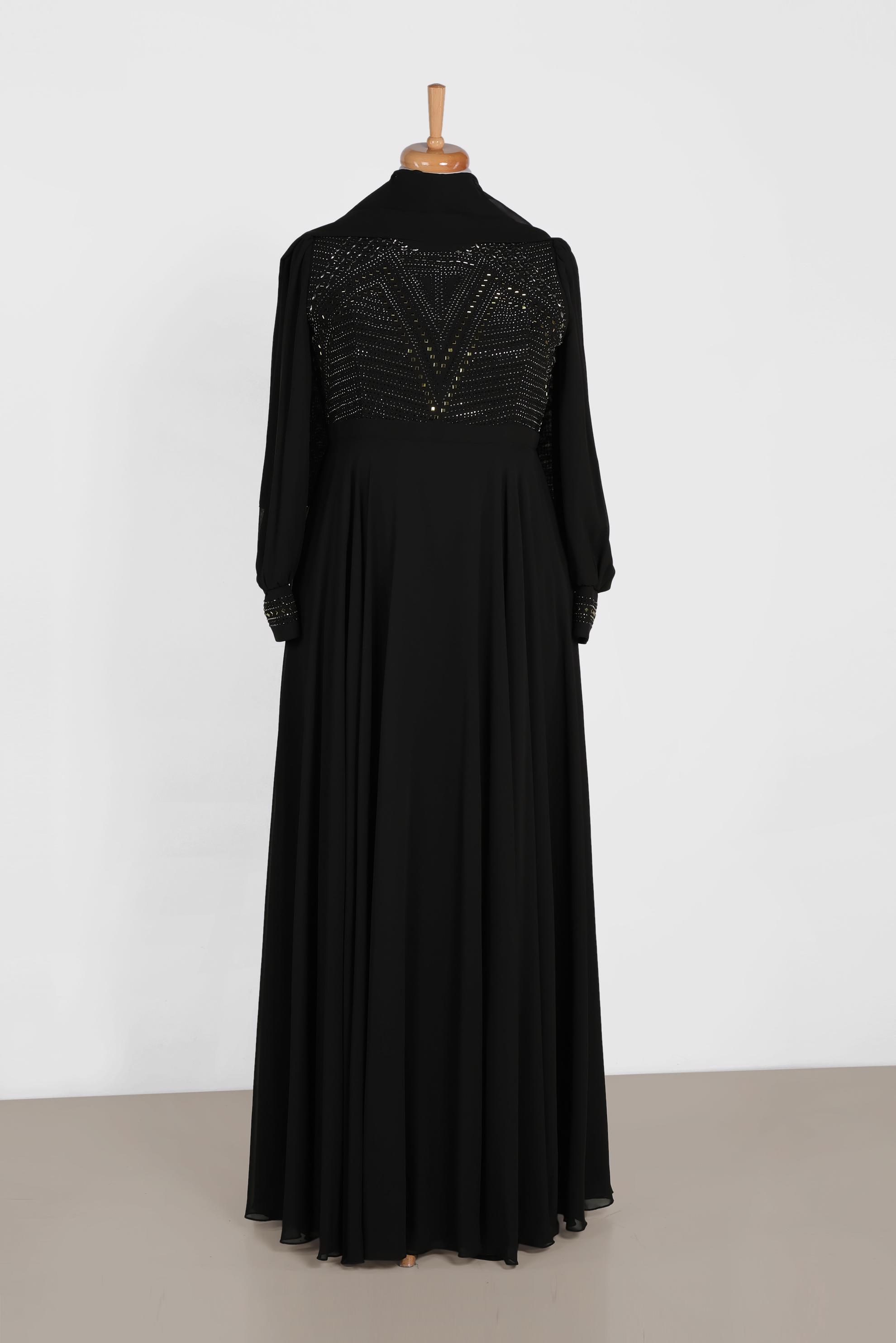 Tesettür giyim SİYAH TAŞ BASKILI MULTİ ŞİFON ABİYE ELBİSE 5427