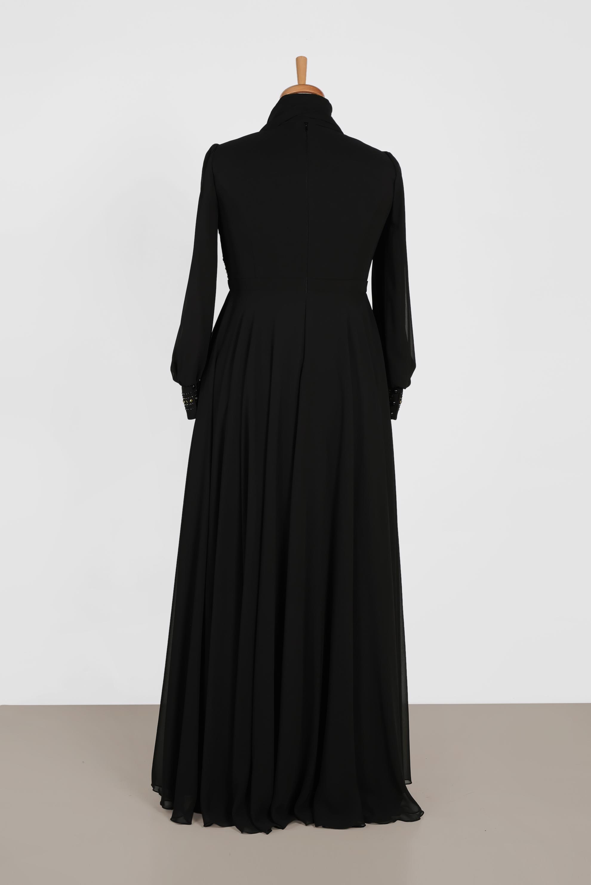 Tesettür giyim SİYAH TAŞ BASKILI MULTİ ŞİFON ABİYE ELBİSE 5427