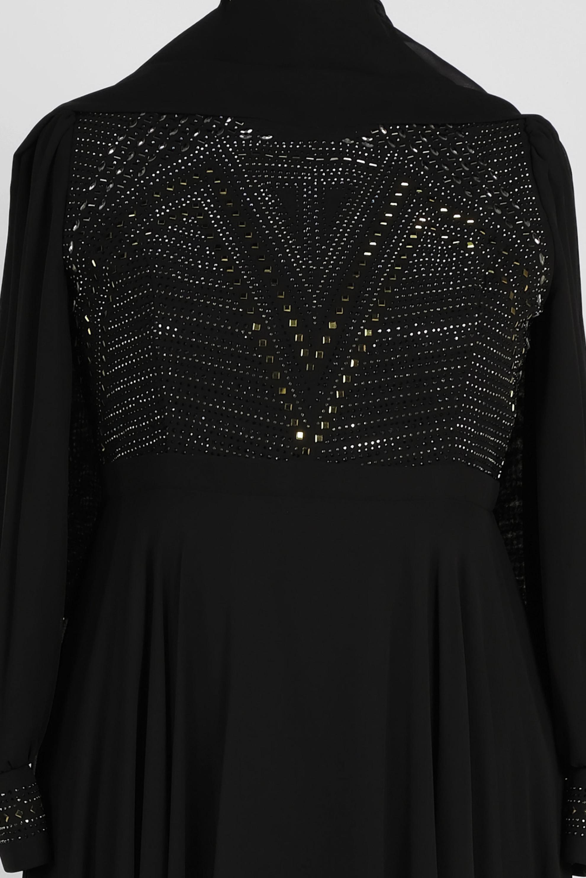 Tesettür giyim SİYAH TAŞ BASKILI MULTİ ŞİFON ABİYE ELBİSE 5427