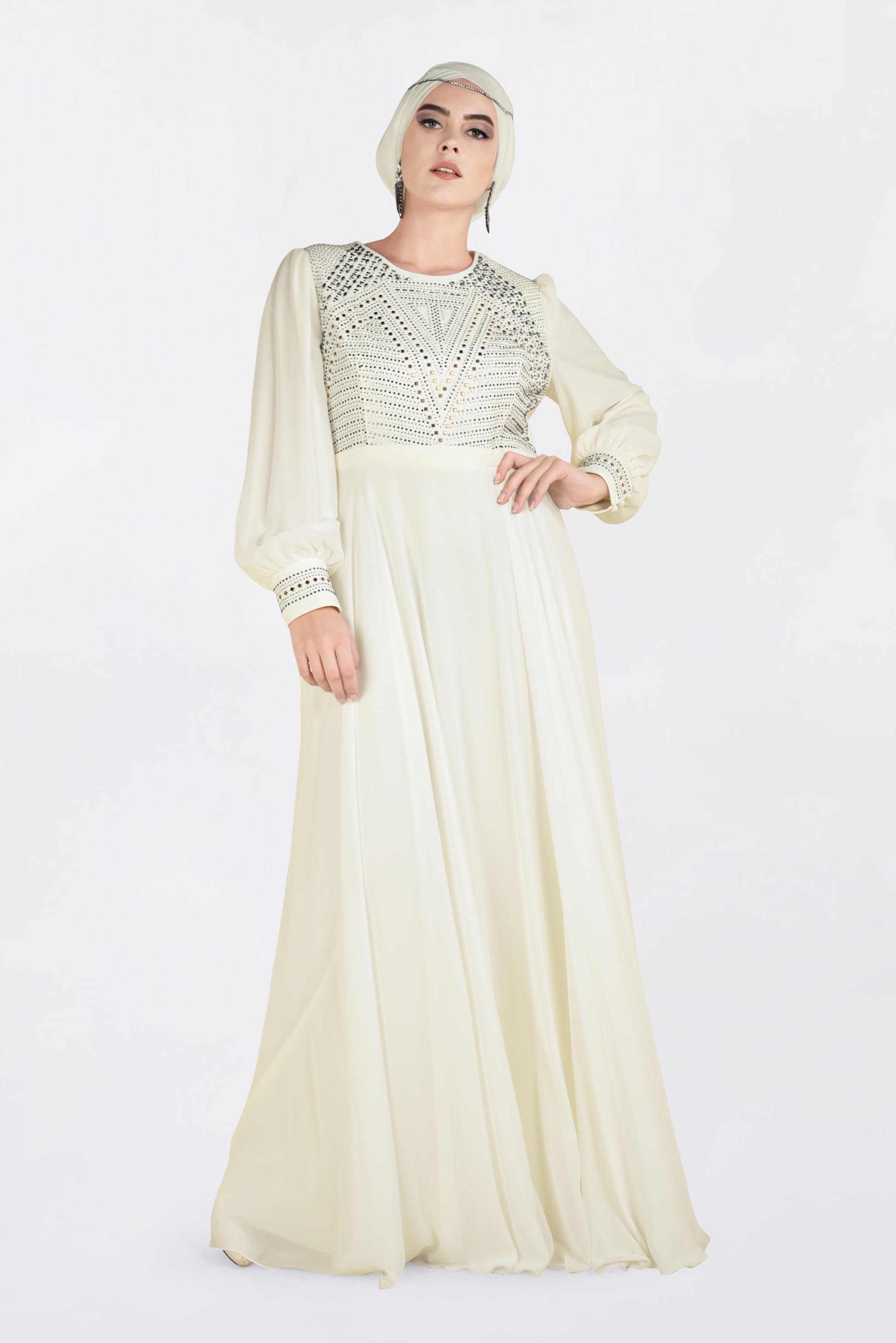 Tesettür giyim BEYAZ TAŞ BASKILI MULTİ ŞİFON ABİYE ELBİSE 5427