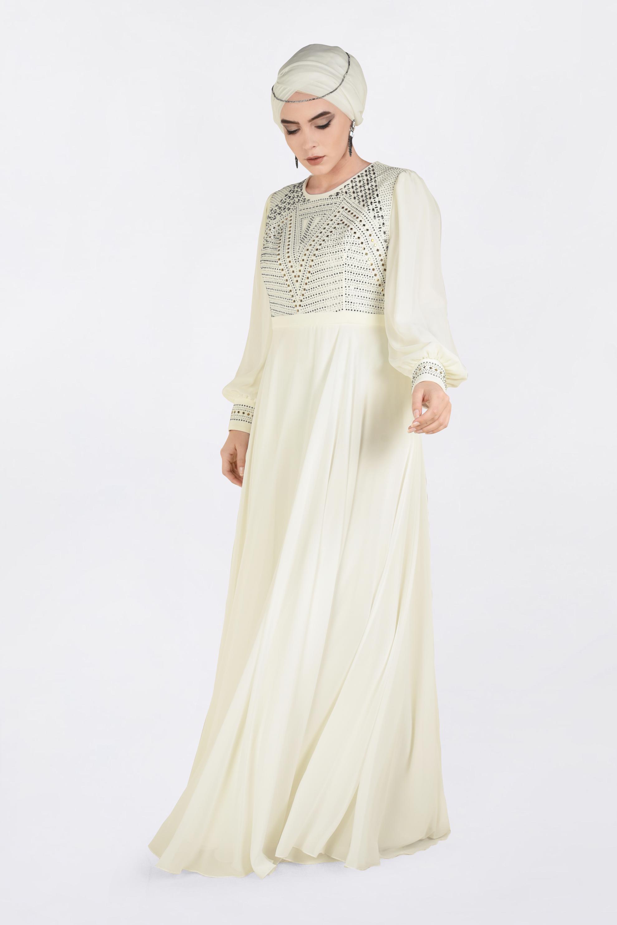 Tesettür giyim BEYAZ TAŞ BASKILI MULTİ ŞİFON ABİYE ELBİSE 5427