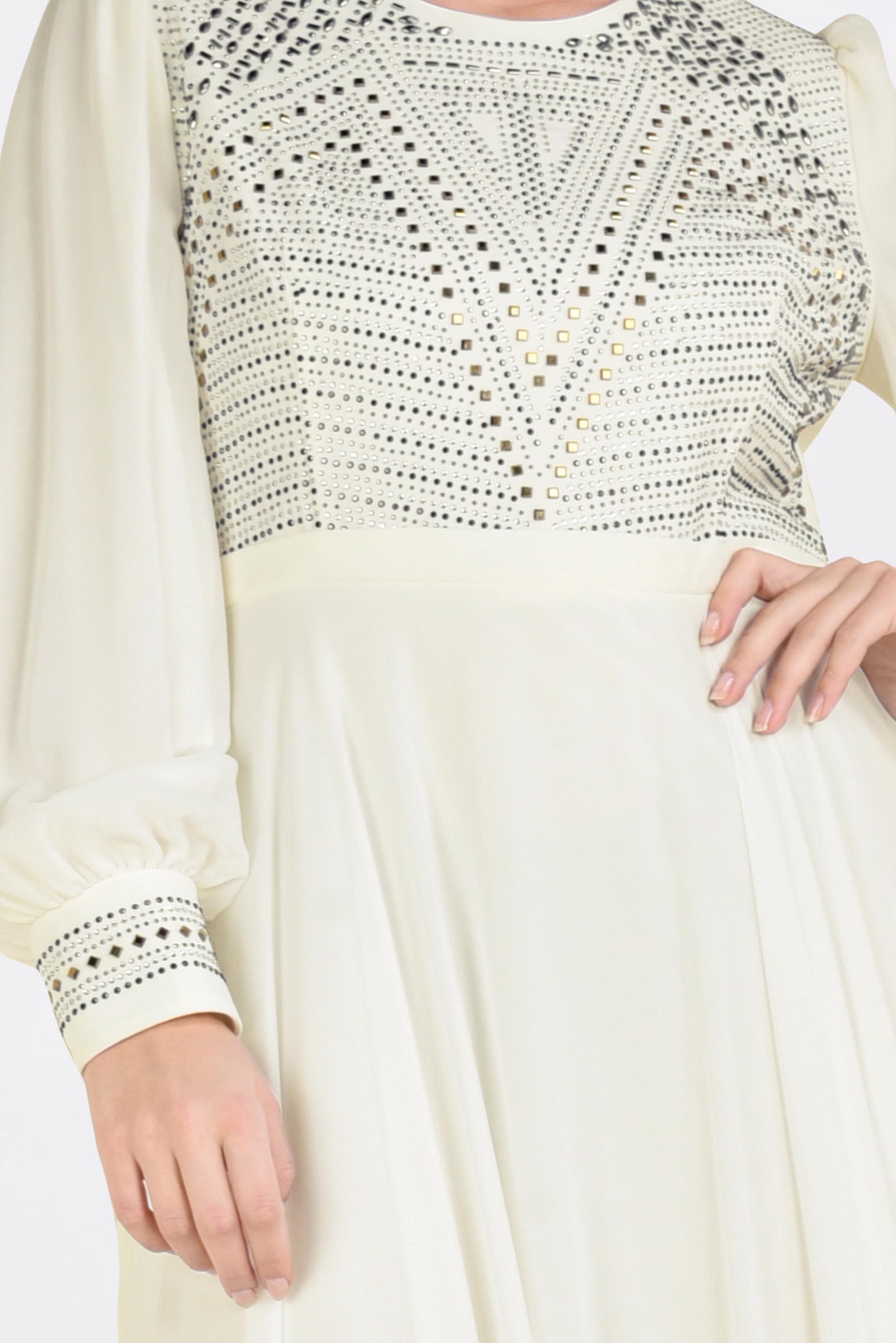 Tesettür giyim BEYAZ TAŞ BASKILI MULTİ ŞİFON ABİYE ELBİSE 5427