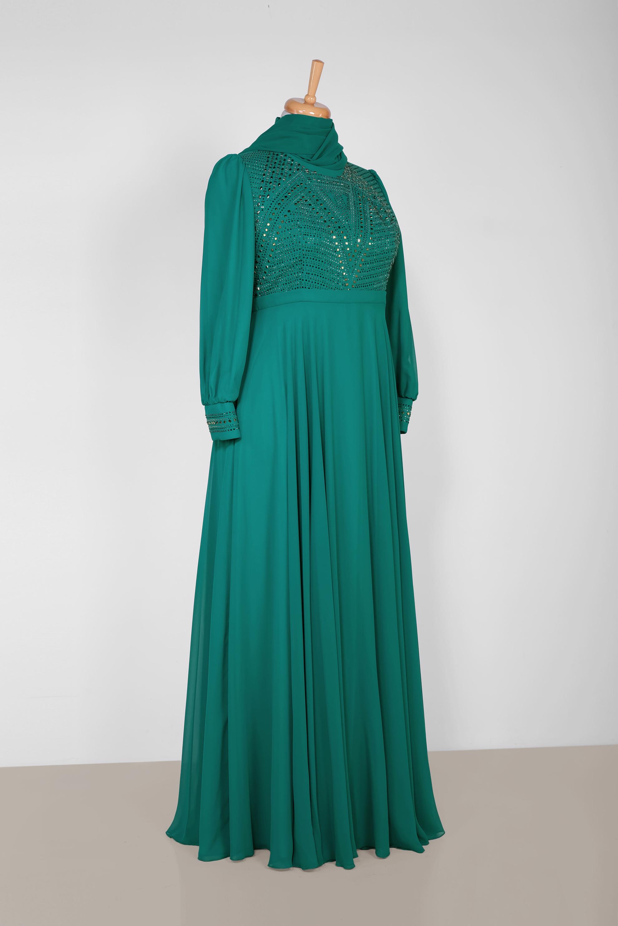 Tesettür giyim MAVİ TAŞ BASKILI MULTİ ŞİFON ABİYE ELBİSE 5427