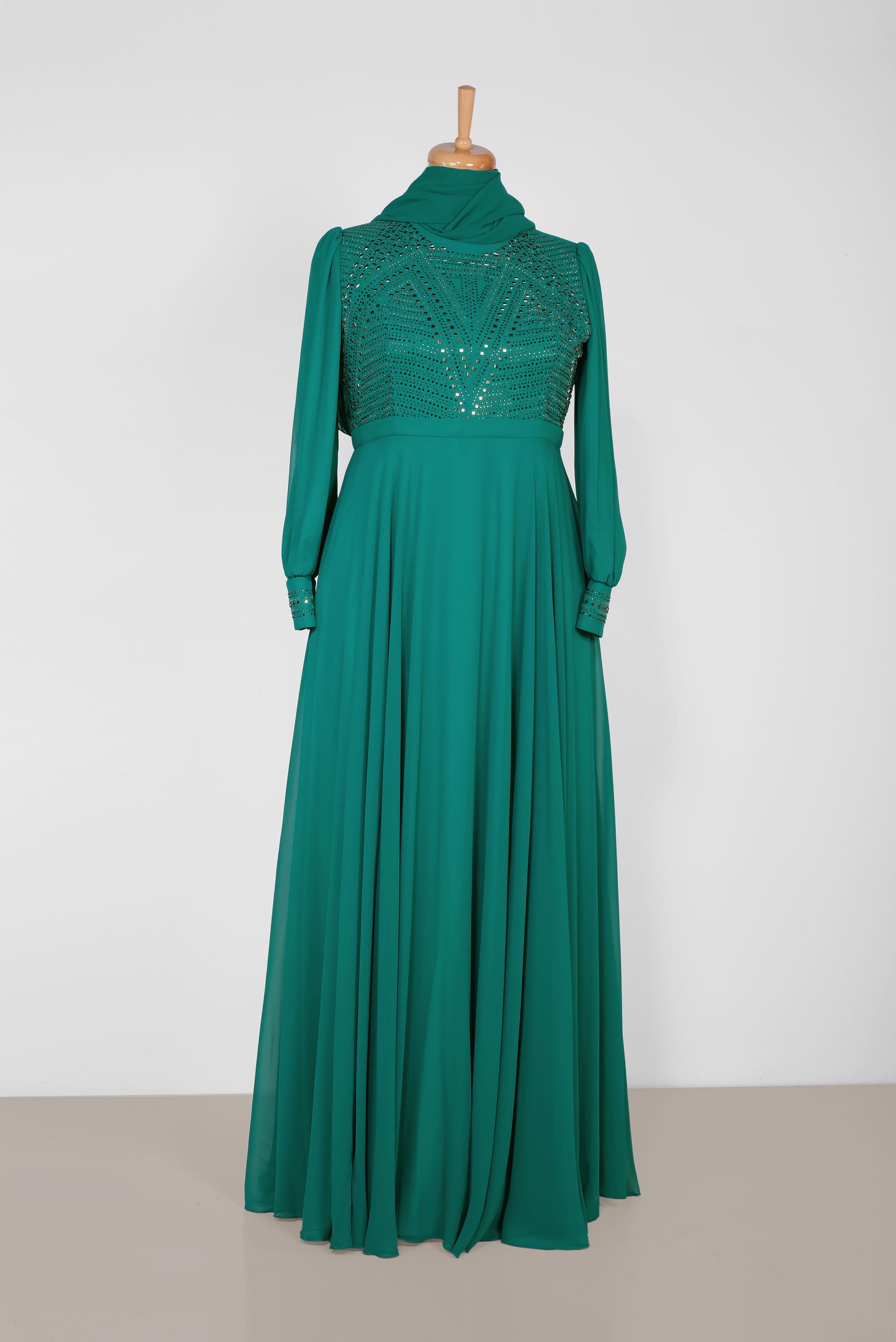 Tesettür giyim MAVİ TAŞ BASKILI MULTİ ŞİFON ABİYE ELBİSE 5427