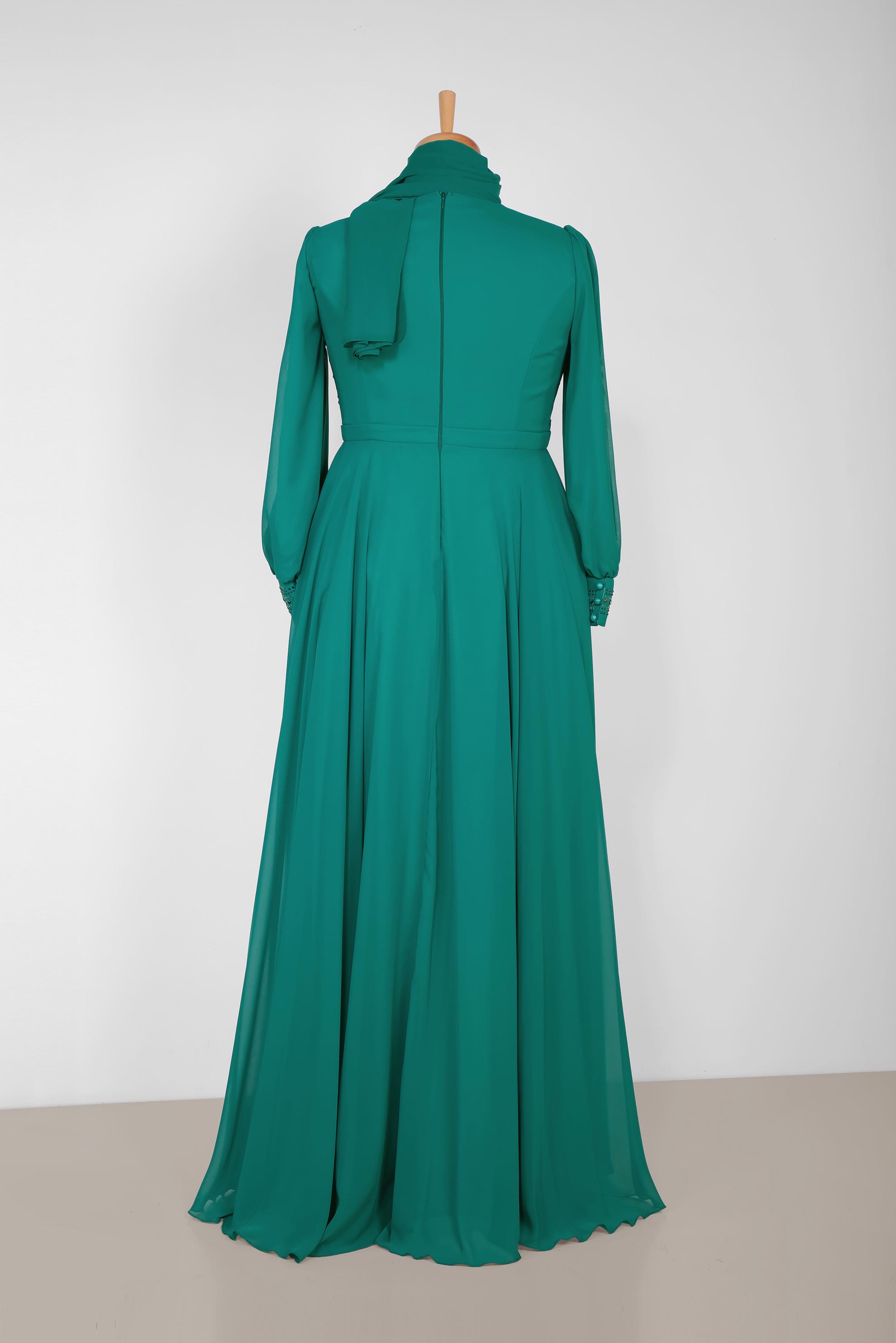 Tesettür giyim MAVİ TAŞ BASKILI MULTİ ŞİFON ABİYE ELBİSE 5427