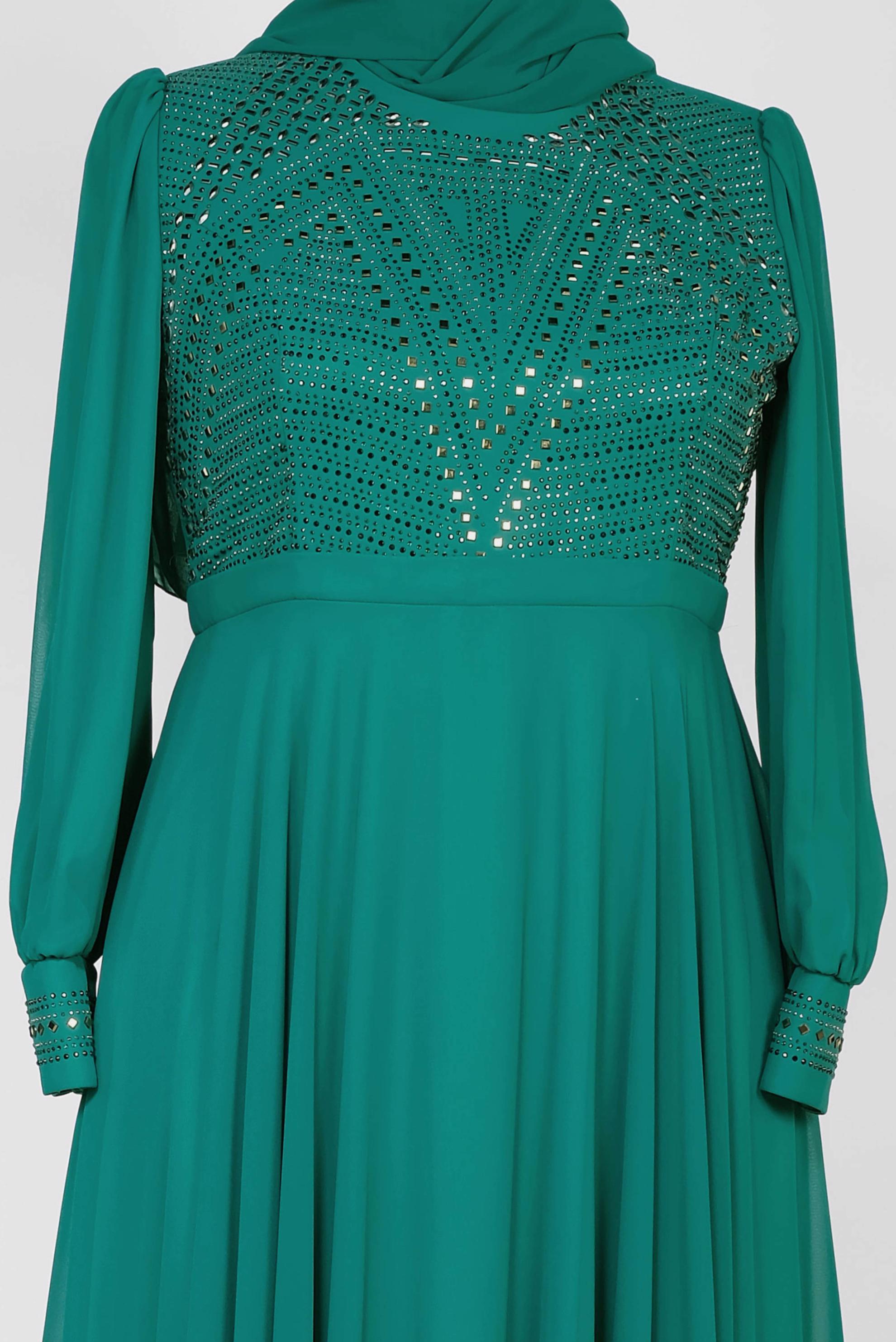 Tesettür giyim MAVİ TAŞ BASKILI MULTİ ŞİFON ABİYE ELBİSE 5427