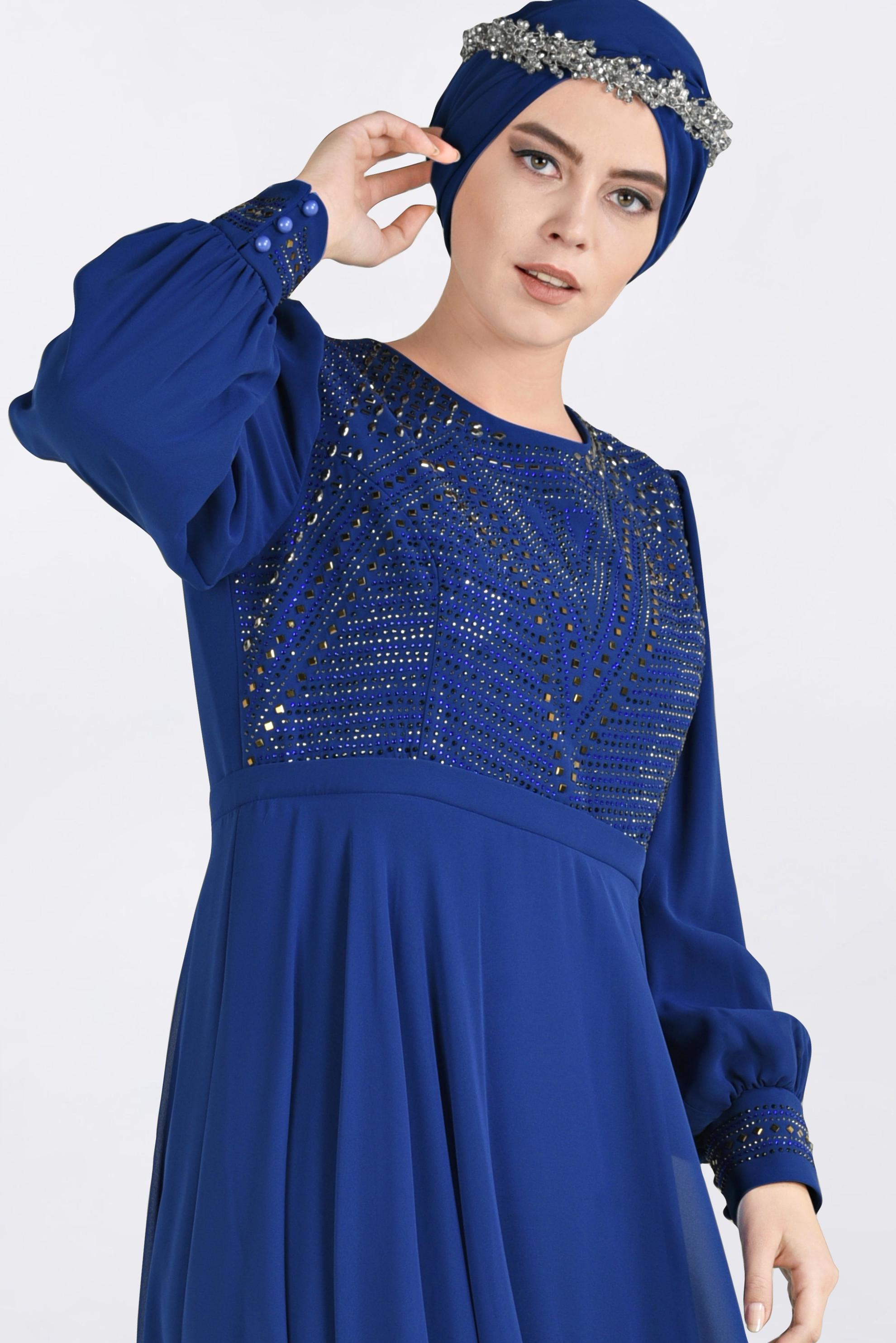 Hijab clothing NAVY BLUE Stone Printed Chiffon Evening Dress 5427