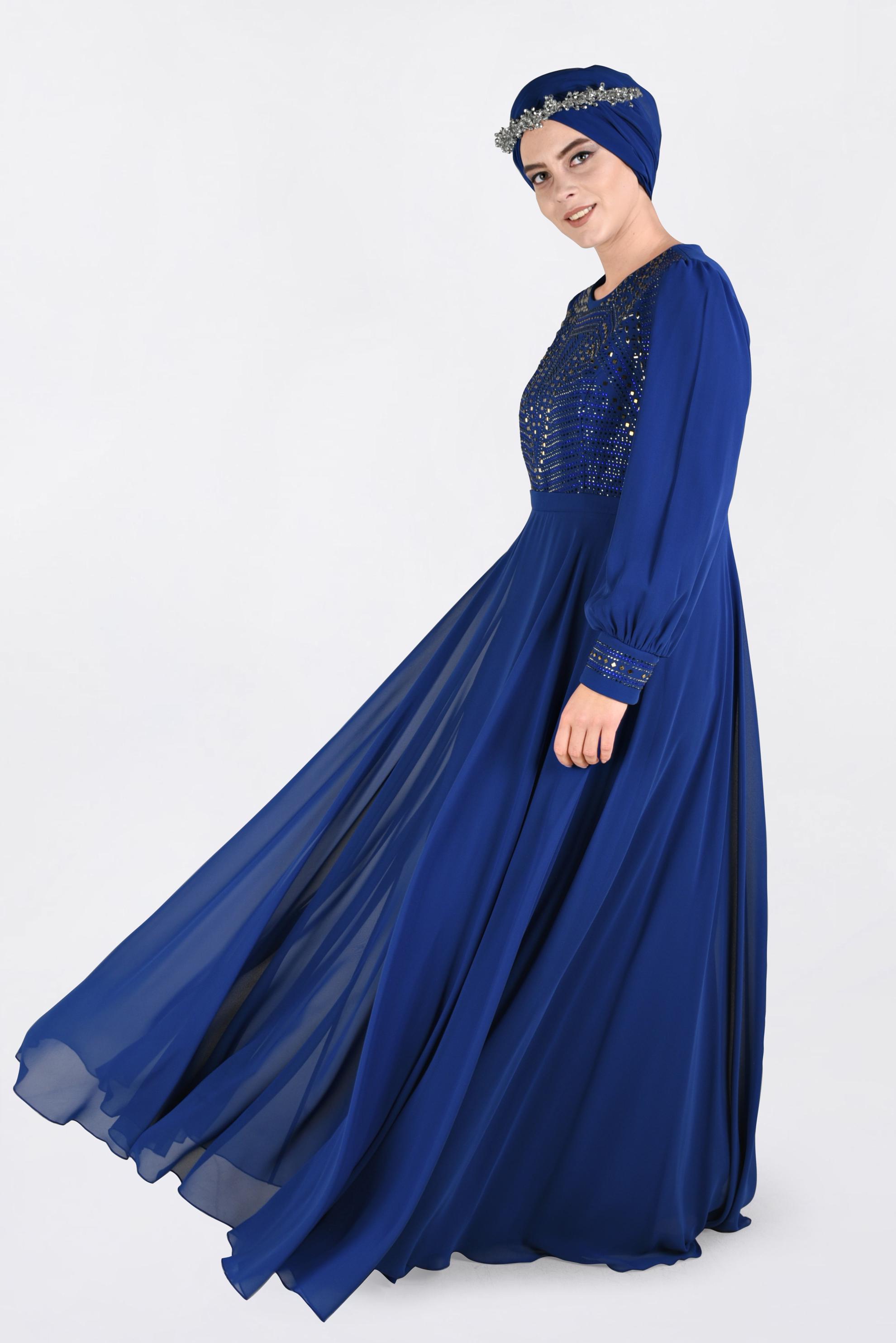 Hijab clothing NAVY BLUE Stone Printed Chiffon Evening Dress 5427