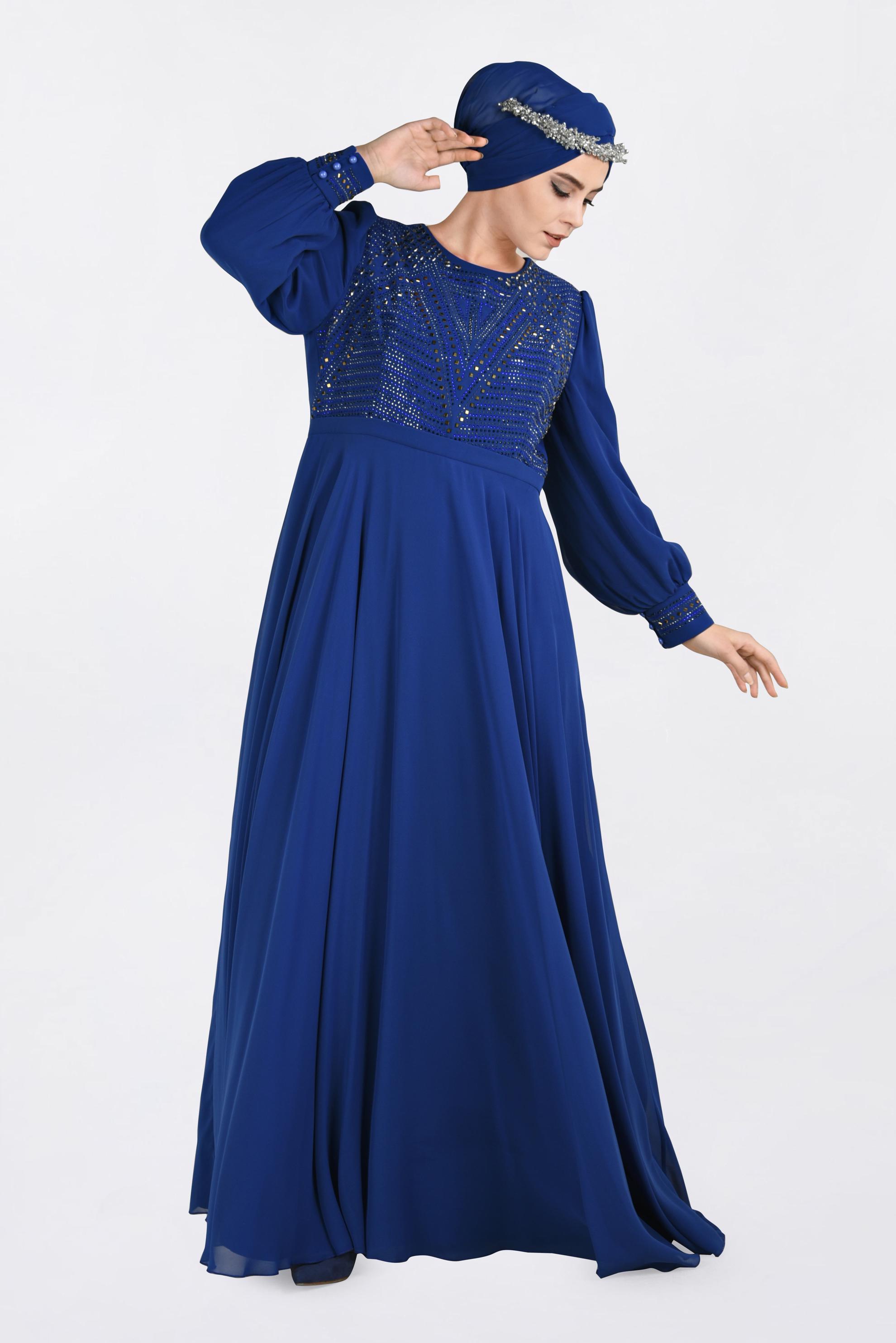 Hijab clothing NAVY BLUE Stone Printed Chiffon Evening Dress 5427