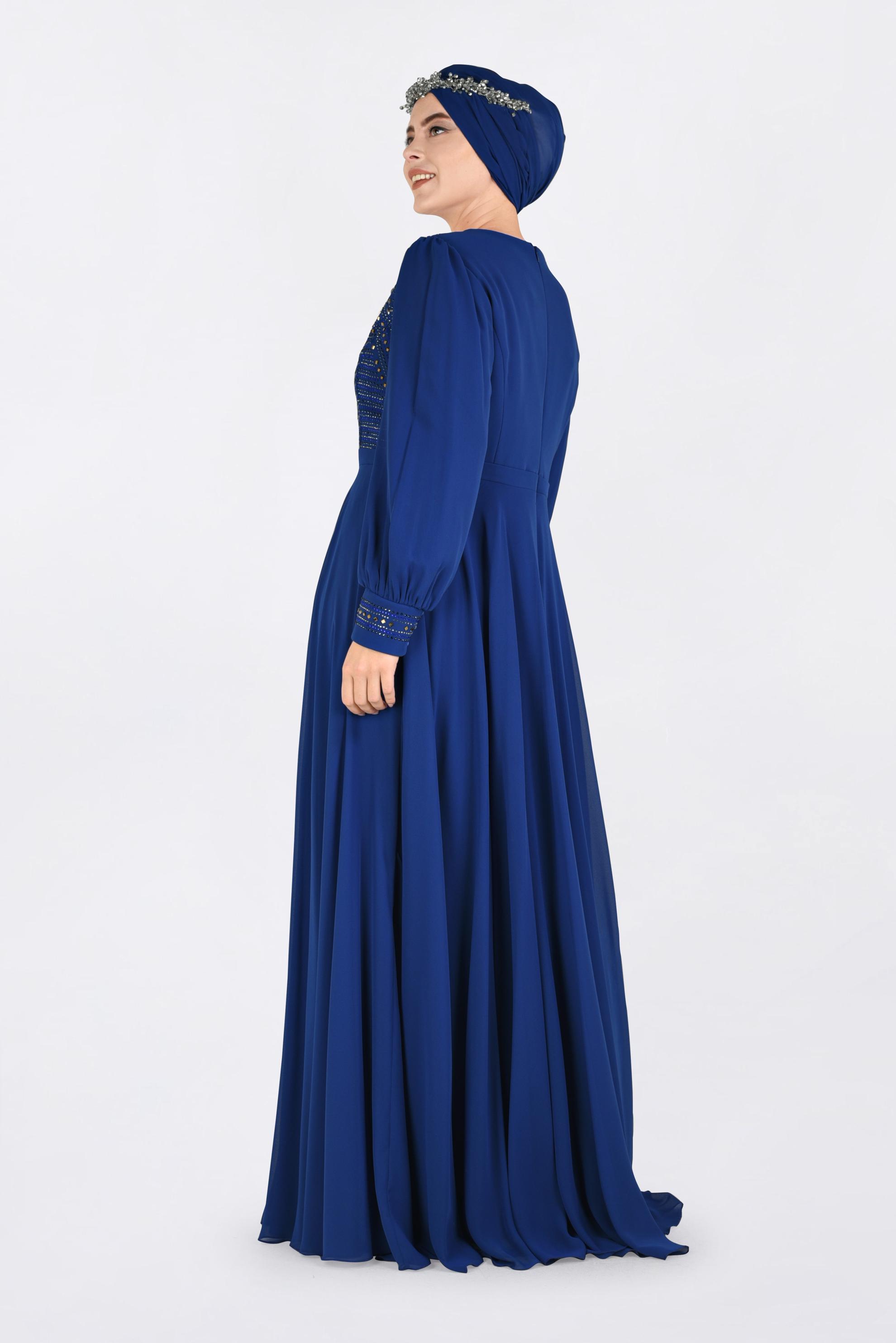 Hijab clothing NAVY BLUE Stone Printed Chiffon Evening Dress 5427