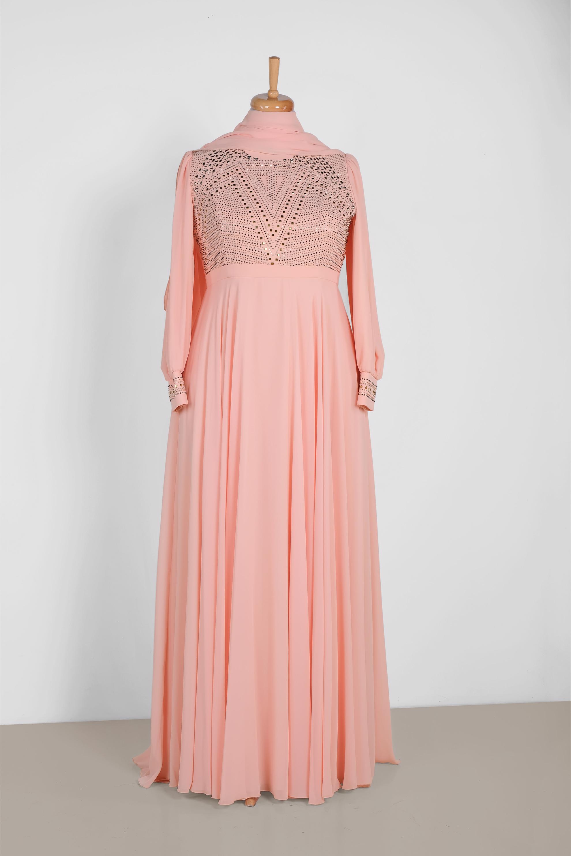 Tesettür giyim PUDRA TAŞ BASKILI MULTİ ŞİFON ABİYE ELBİSE 5427