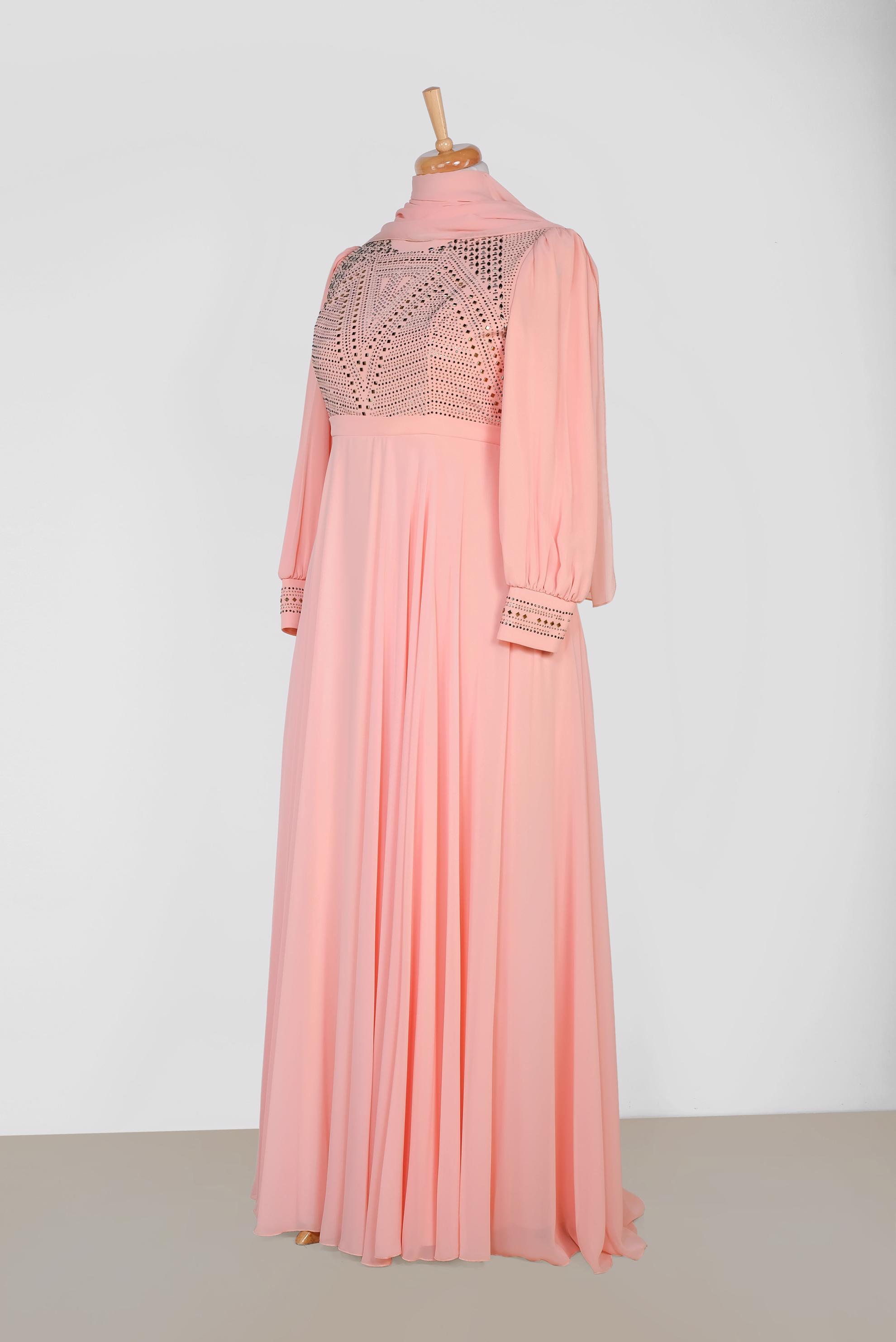 Tesettür giyim PUDRA TAŞ BASKILI MULTİ ŞİFON ABİYE ELBİSE 5427