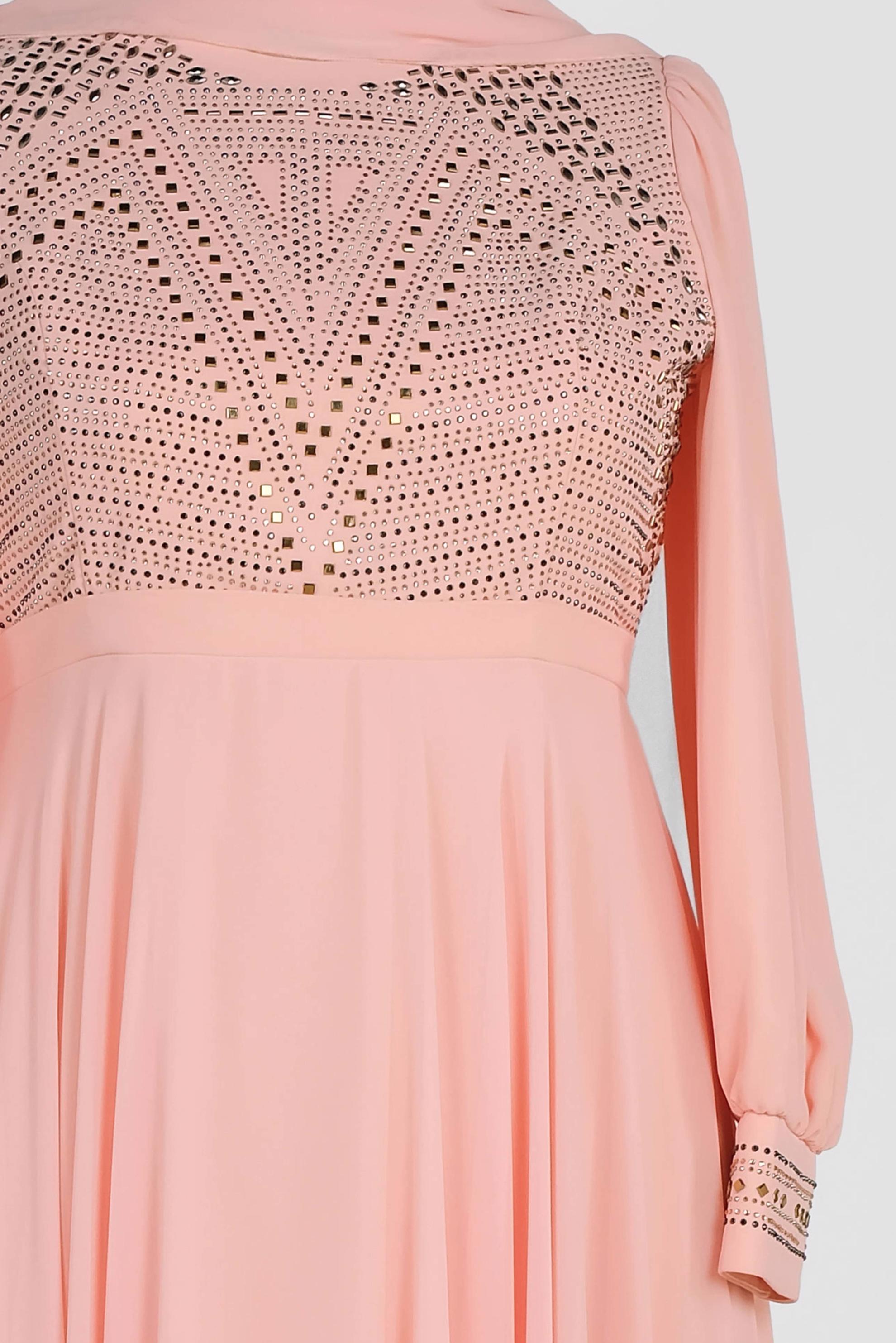 Tesettür giyim PUDRA TAŞ BASKILI MULTİ ŞİFON ABİYE ELBİSE 5427