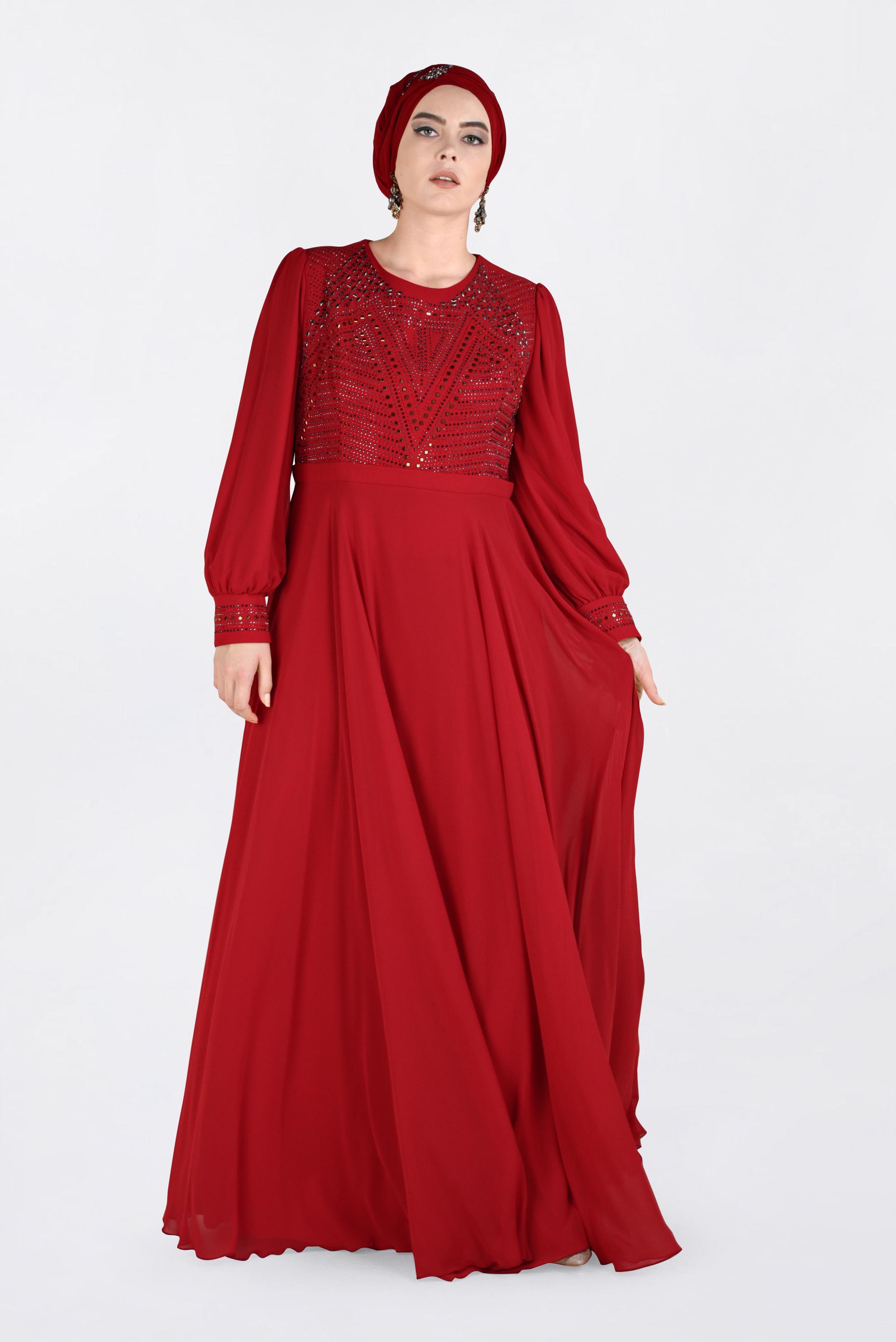 Hijab clothing CLARET RED Stone Printed Chiffon Evening Dress 5427
