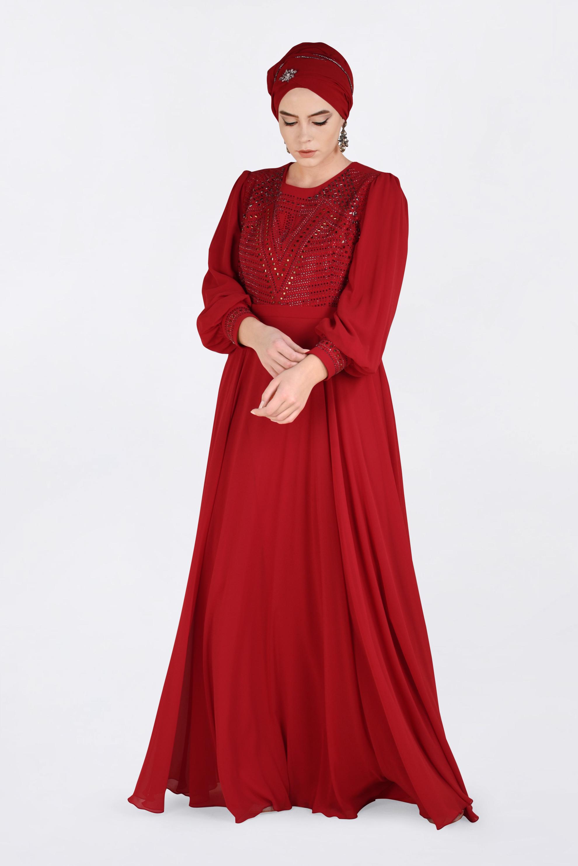 Hijab clothing CLARET RED Stone Printed Chiffon Evening Dress 5427