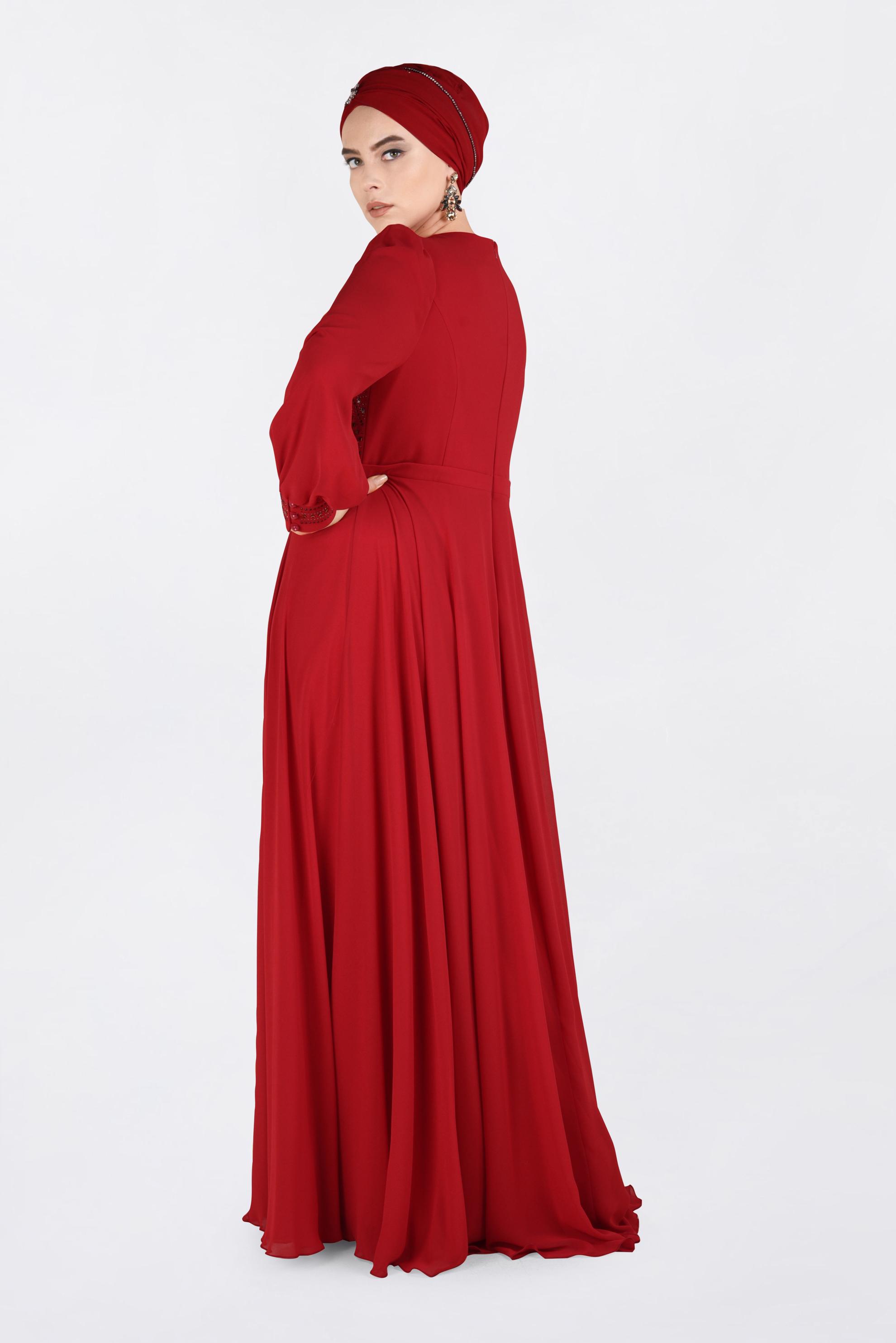 Hijab clothing CLARET RED Stone Printed Chiffon Evening Dress 5427