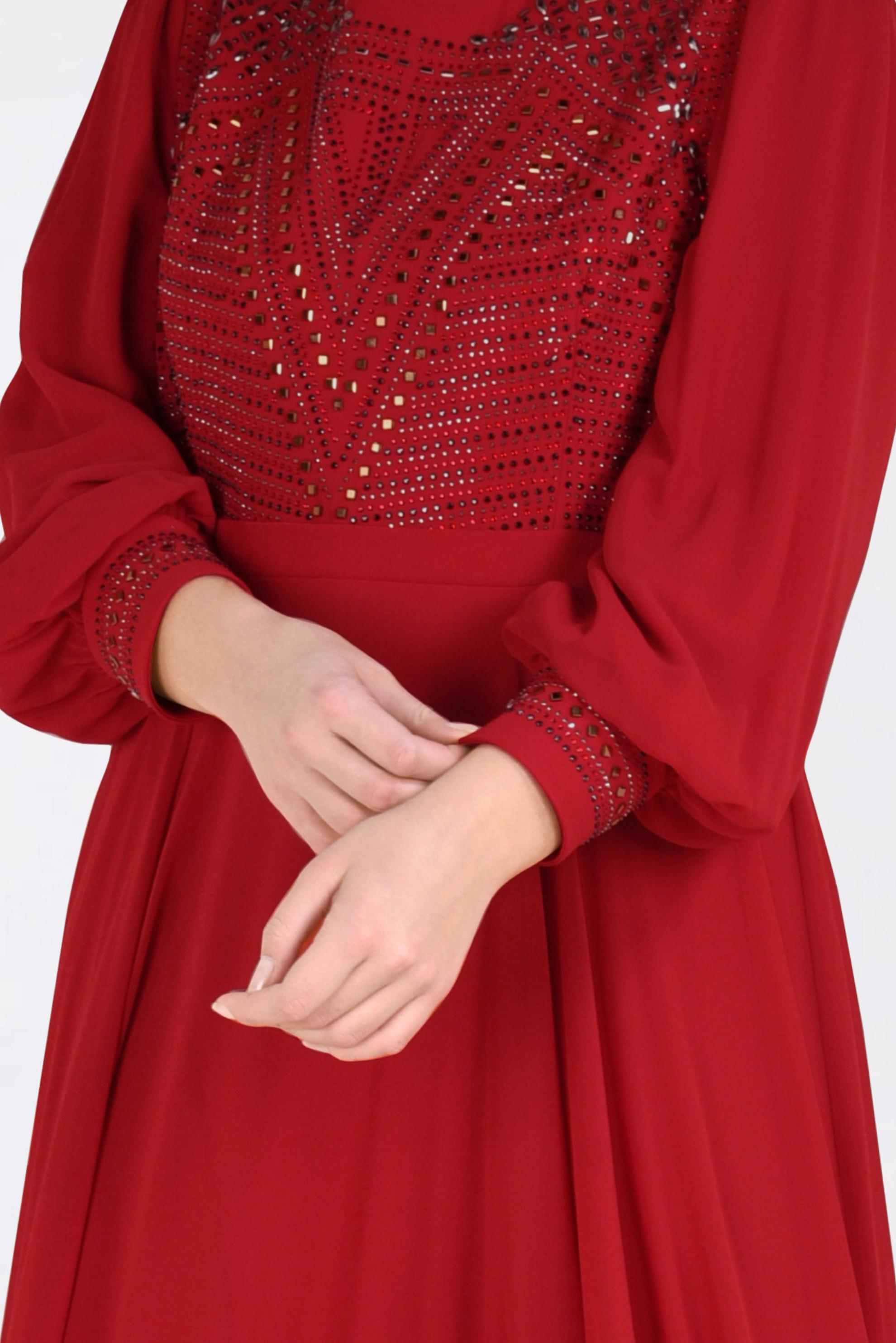 Hijab clothing CLARET RED Stone Printed Chiffon Evening Dress 5427