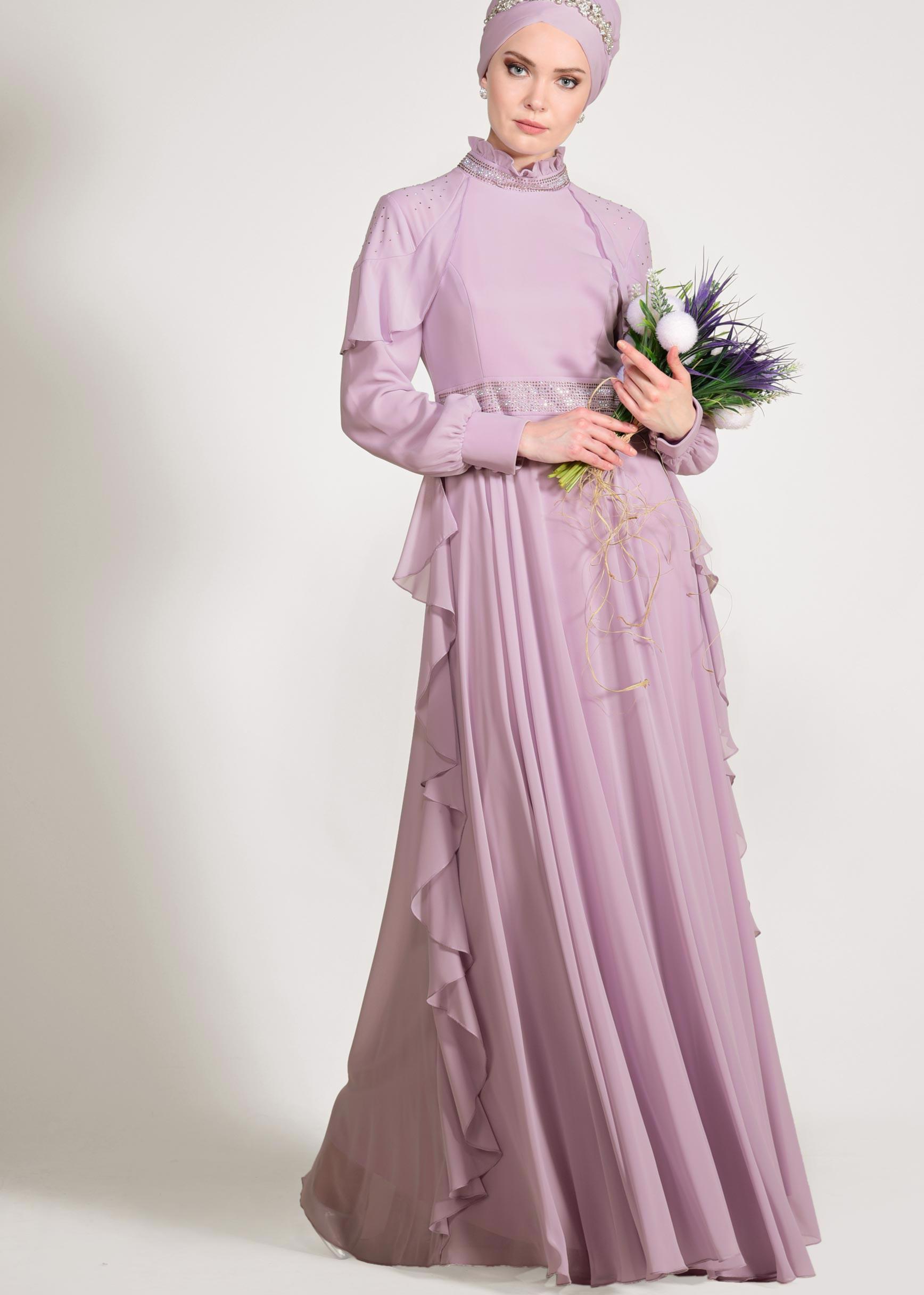 Tesettür giyim MOR TAŞLI ŞİFON ABİYE ELBİSE 5428