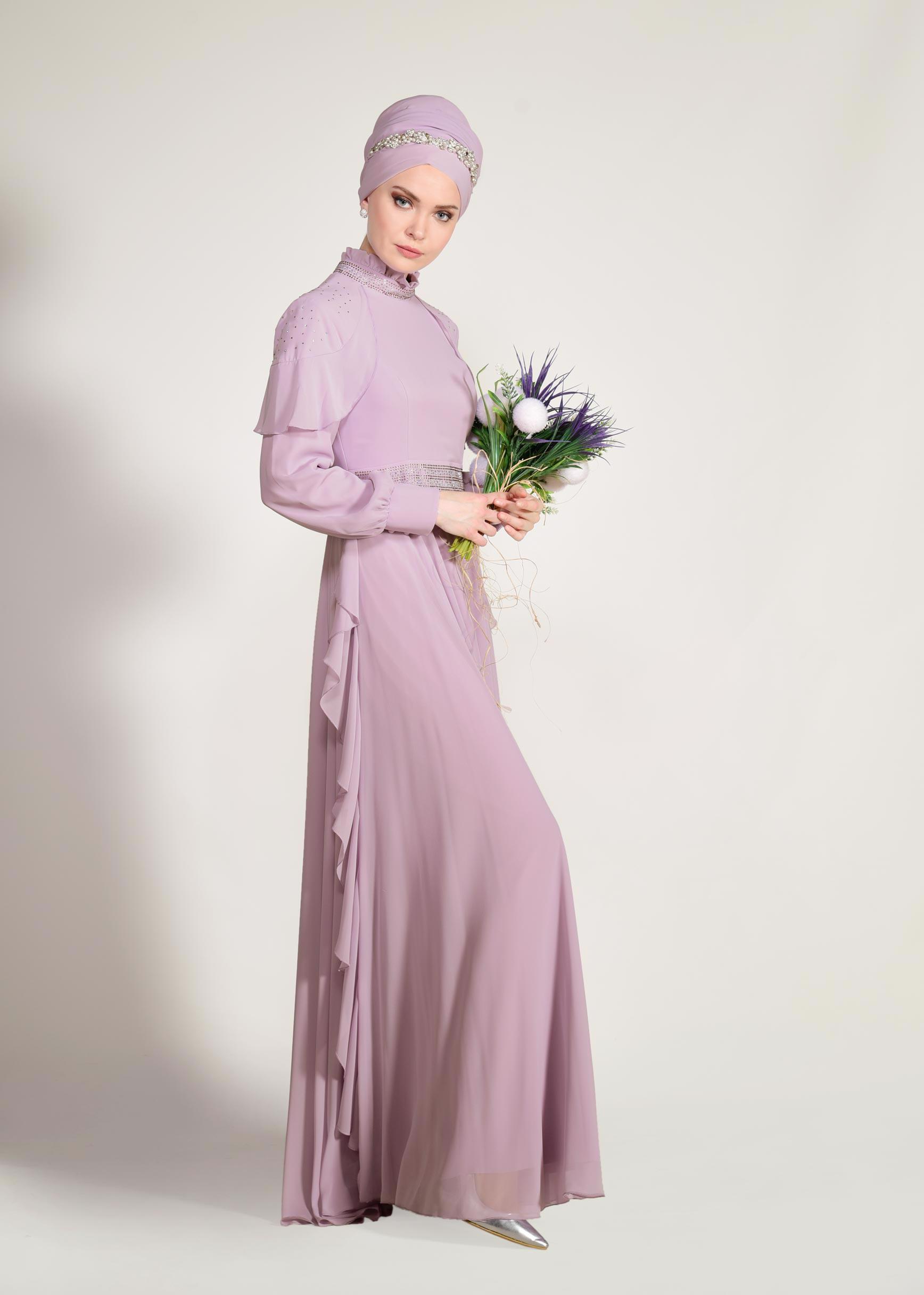 Tesettür giyim MOR TAŞLI ŞİFON ABİYE ELBİSE 5428