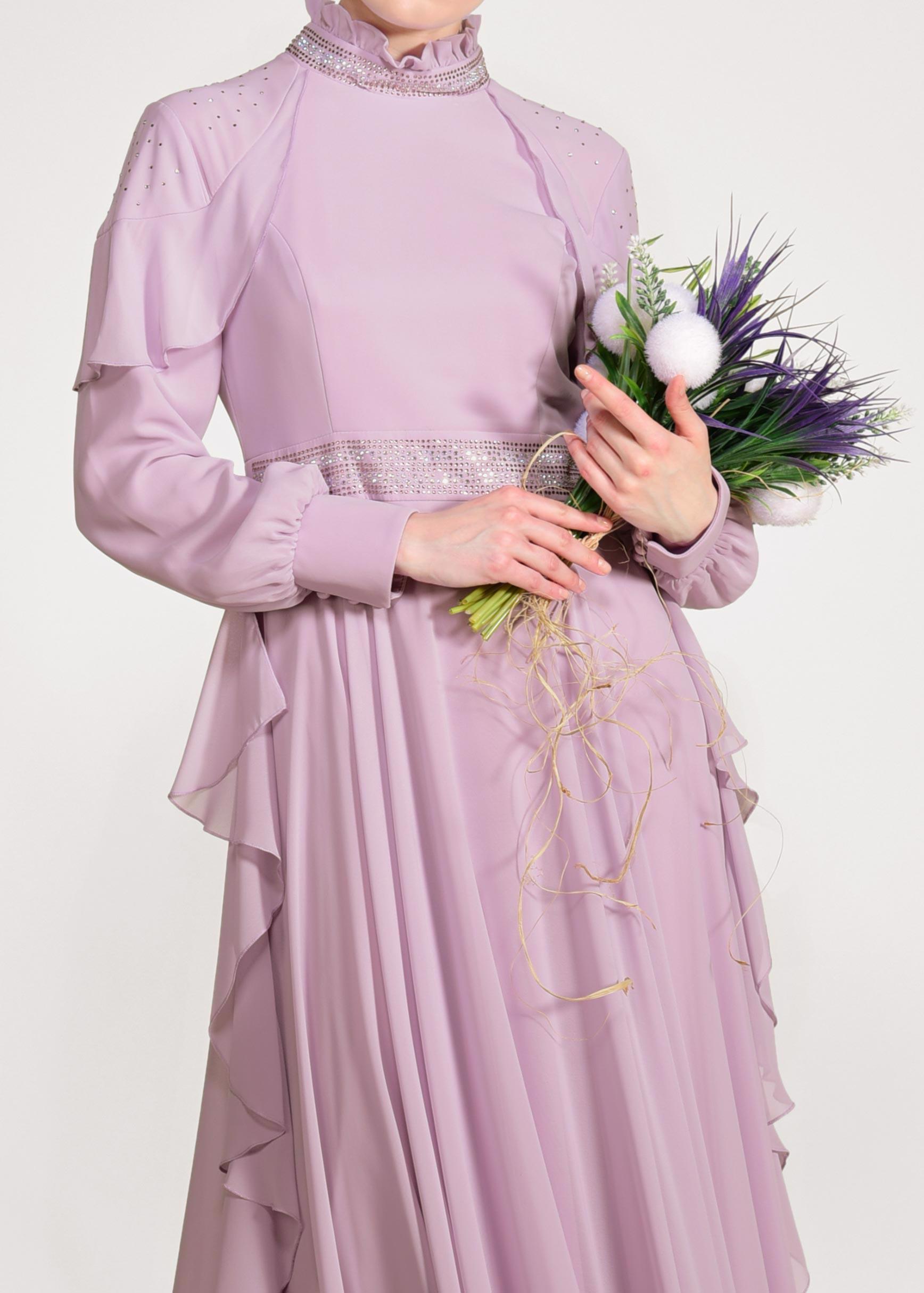 Tesettür giyim MOR TAŞLI ŞİFON ABİYE ELBİSE 5428