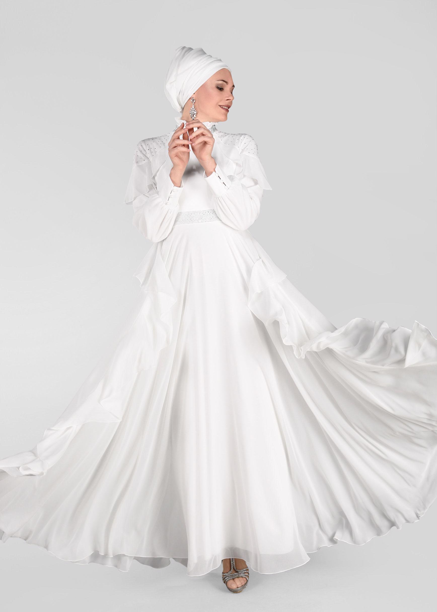 Tesettür giyim EKRU TAŞLI ŞİFON ABİYE ELBİSE 5428