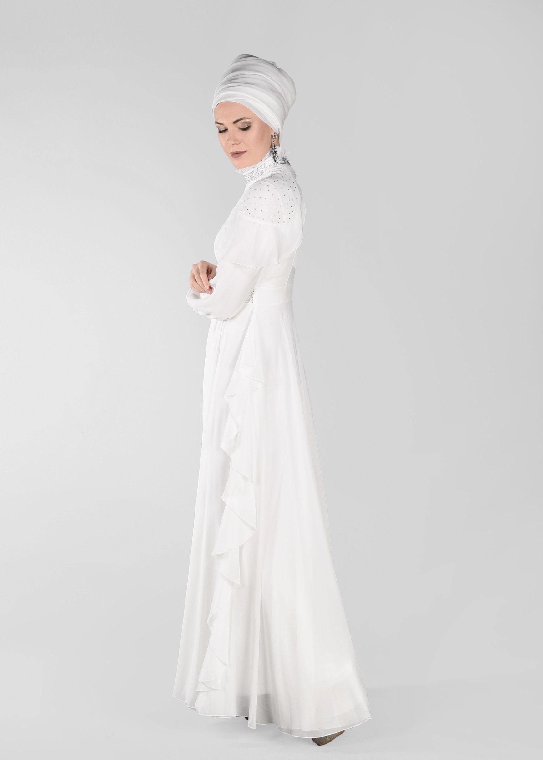 Tesettür giyim EKRU TAŞLI ŞİFON ABİYE ELBİSE 5428