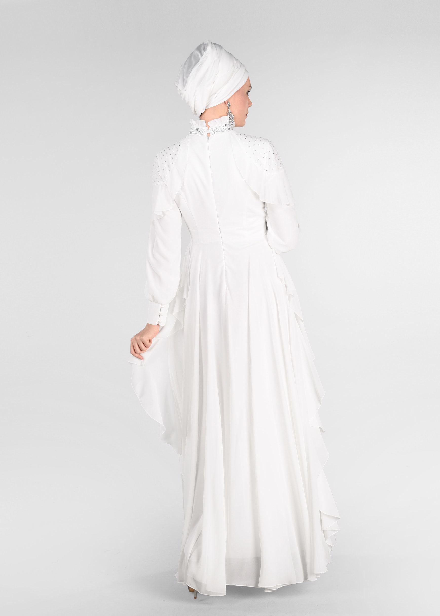 Tesettür giyim EKRU TAŞLI ŞİFON ABİYE ELBİSE 5428