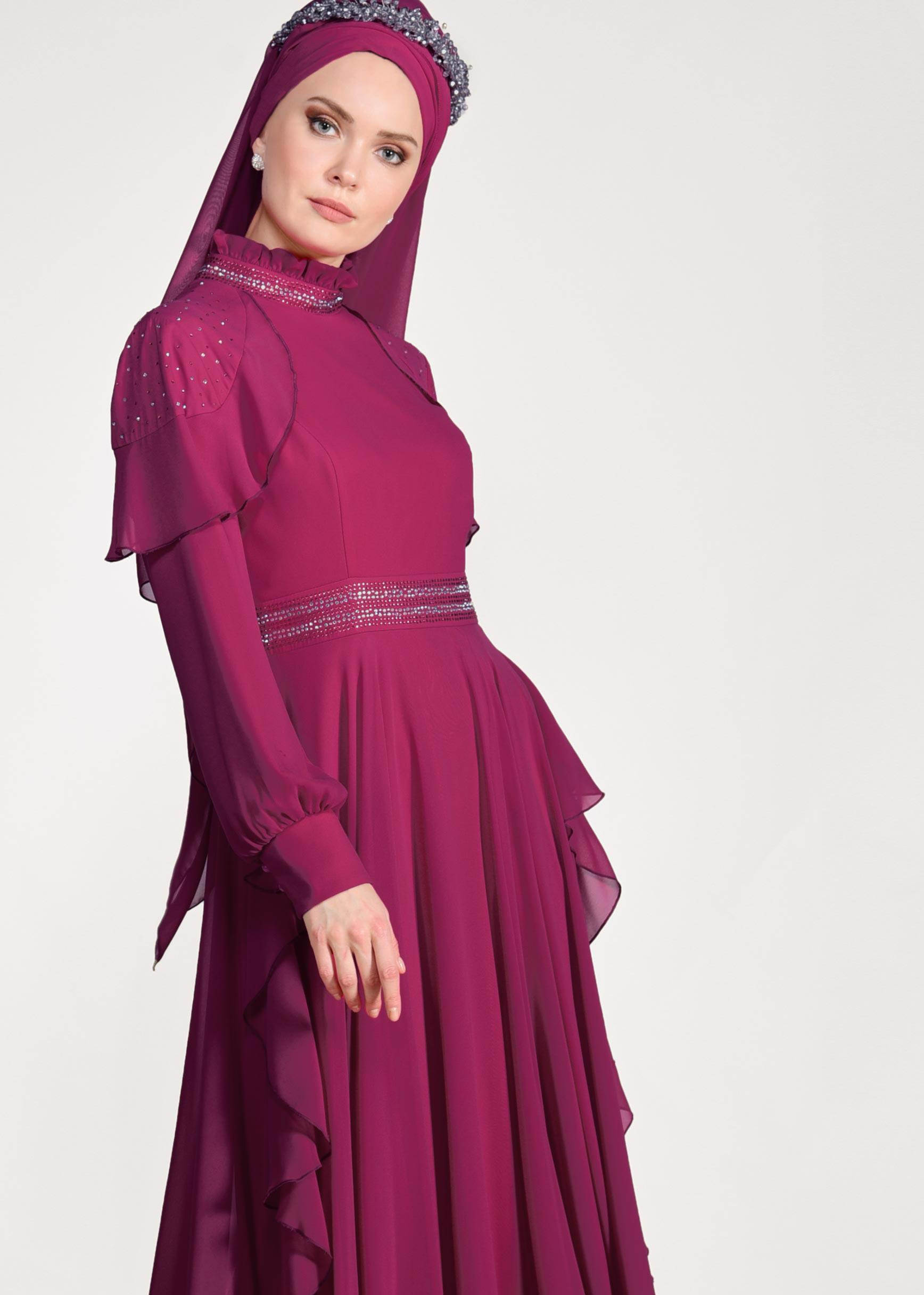 Tesettür giyim FUŞYA TAŞLI ŞİFON ABİYE ELBİSE 5428