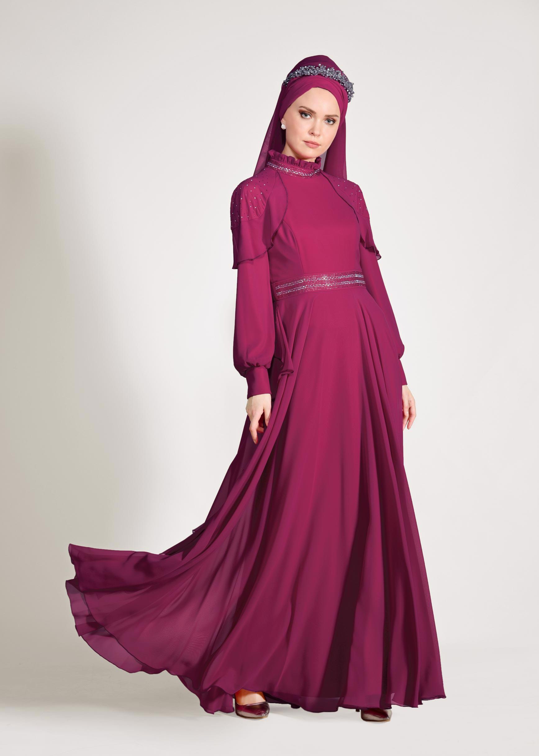 Tesettür giyim FUŞYA TAŞLI ŞİFON ABİYE ELBİSE 5428