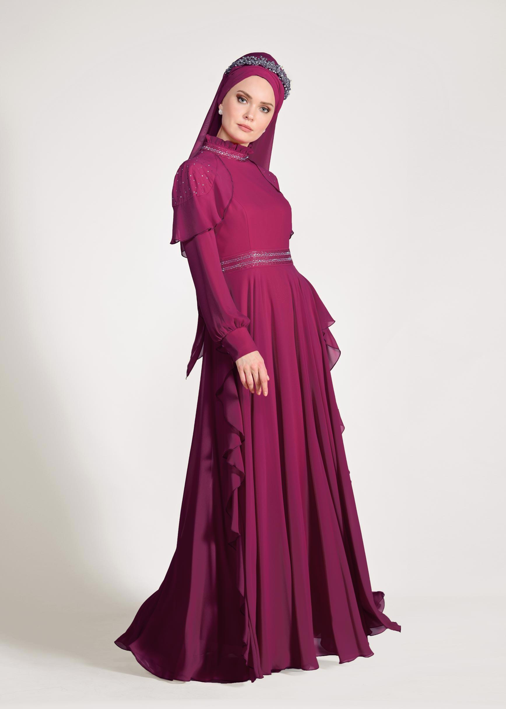 Tesettür giyim FUŞYA TAŞLI ŞİFON ABİYE ELBİSE 5428