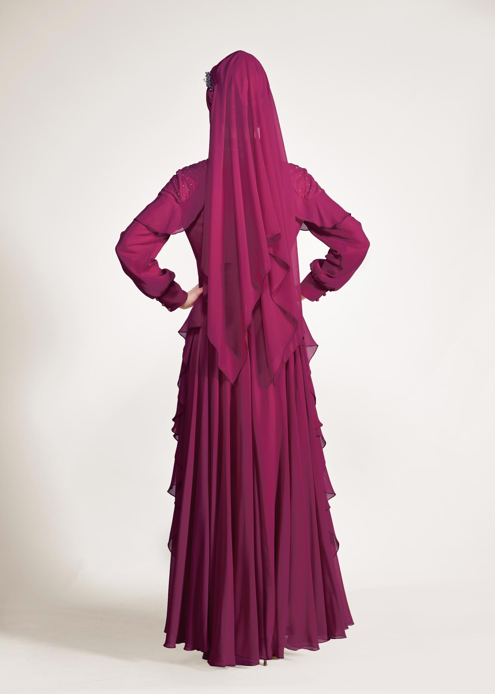 Tesettür giyim FUŞYA TAŞLI ŞİFON ABİYE ELBİSE 5428