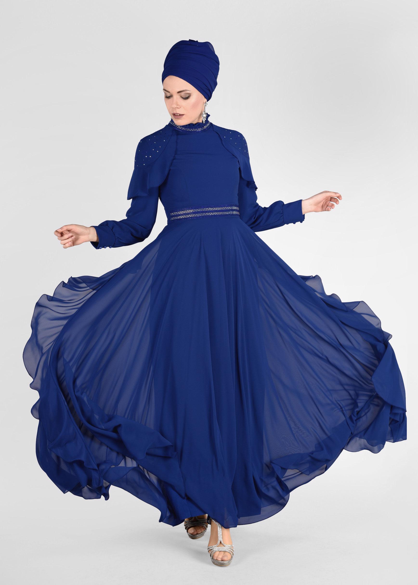 Tesettür giyim LACİVERT TAŞLI ŞİFON ABİYE ELBİSE 5428