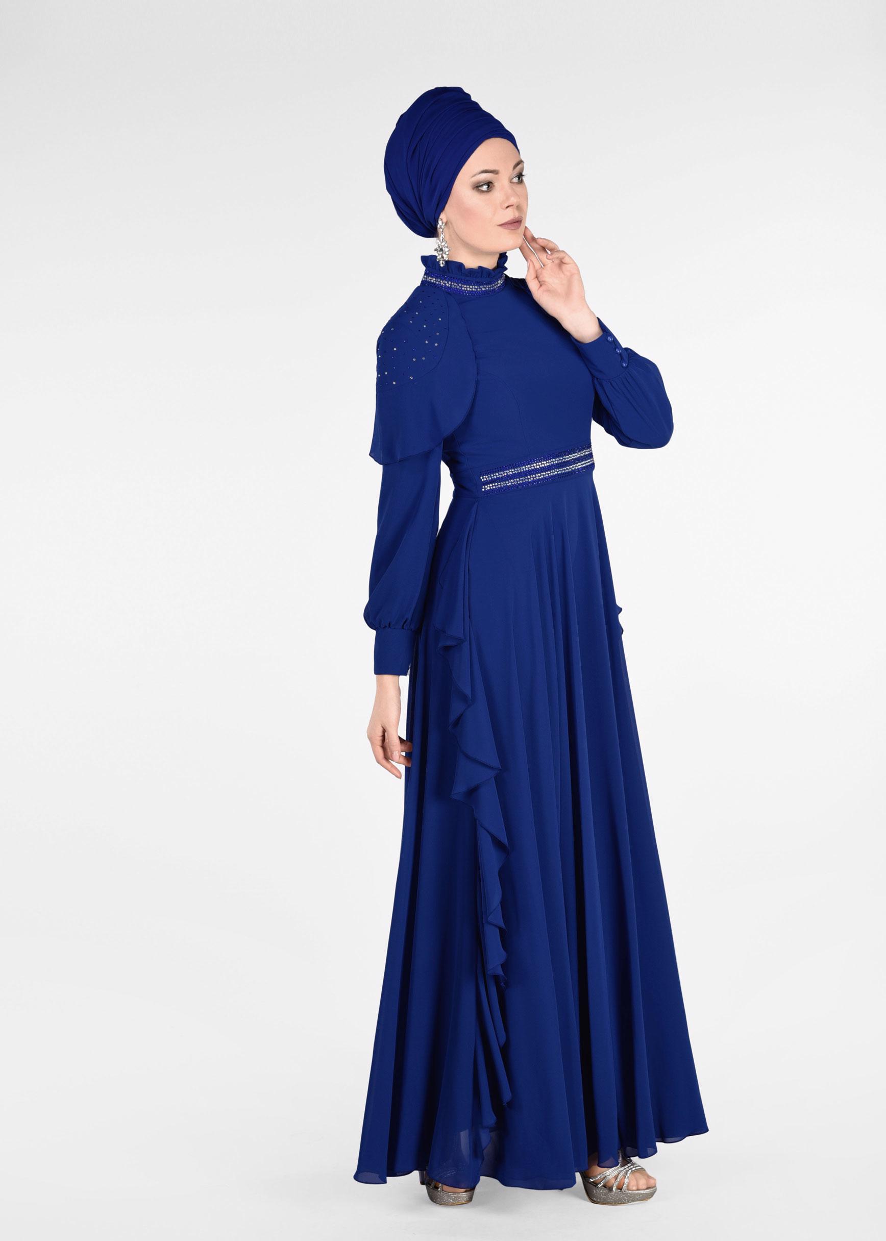 Tesettür giyim LACİVERT TAŞLI ŞİFON ABİYE ELBİSE 5428