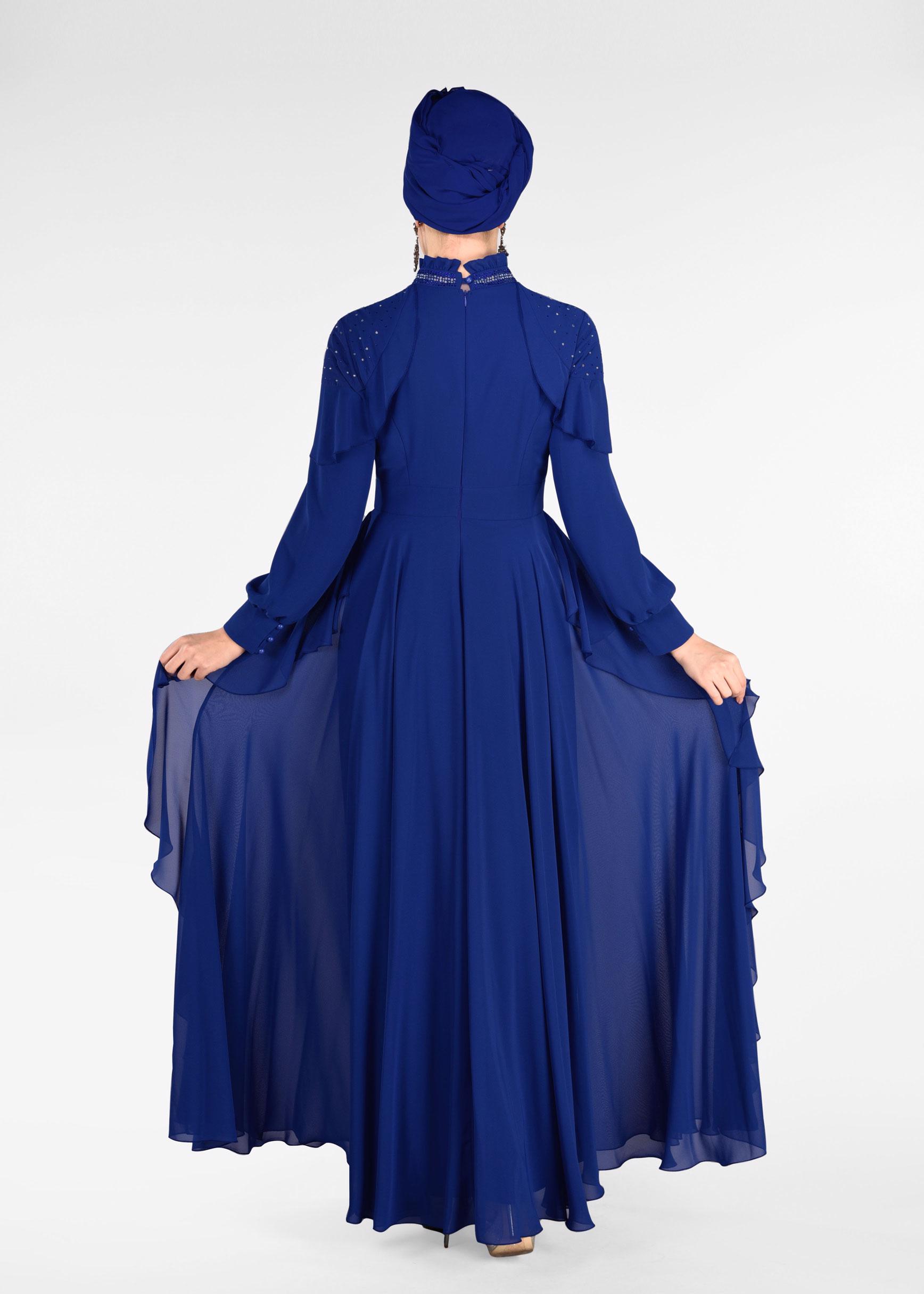 Tesettür giyim LACİVERT TAŞLI ŞİFON ABİYE ELBİSE 5428