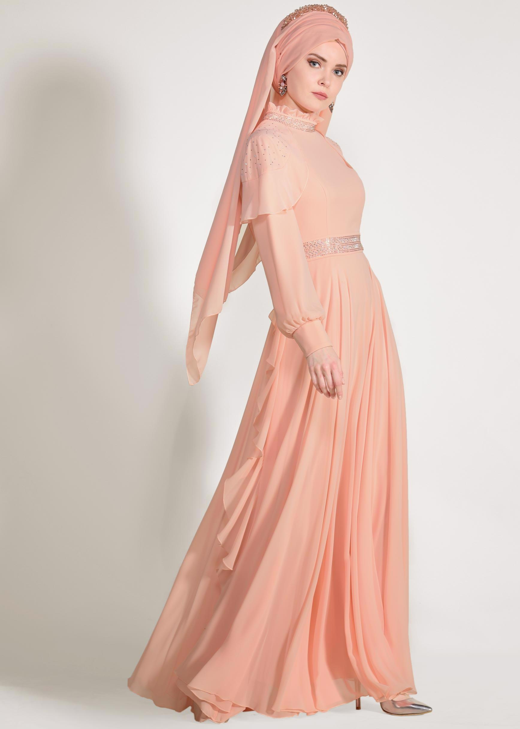 Tesettür giyim PUDRA TAŞLI ŞİFON ABİYE ELBİSE 5428
