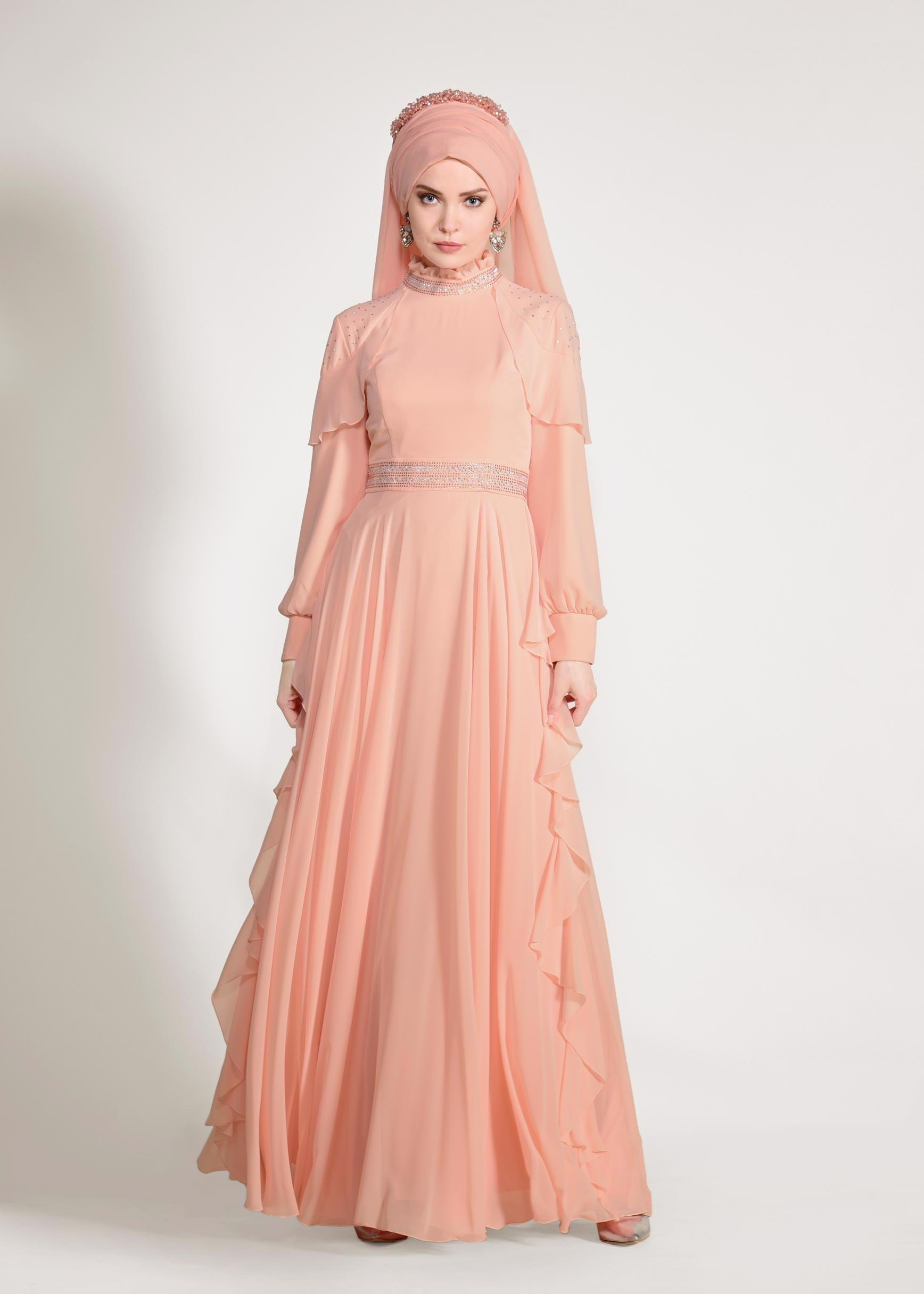 Tesettür giyim PUDRA TAŞLI ŞİFON ABİYE ELBİSE 5428