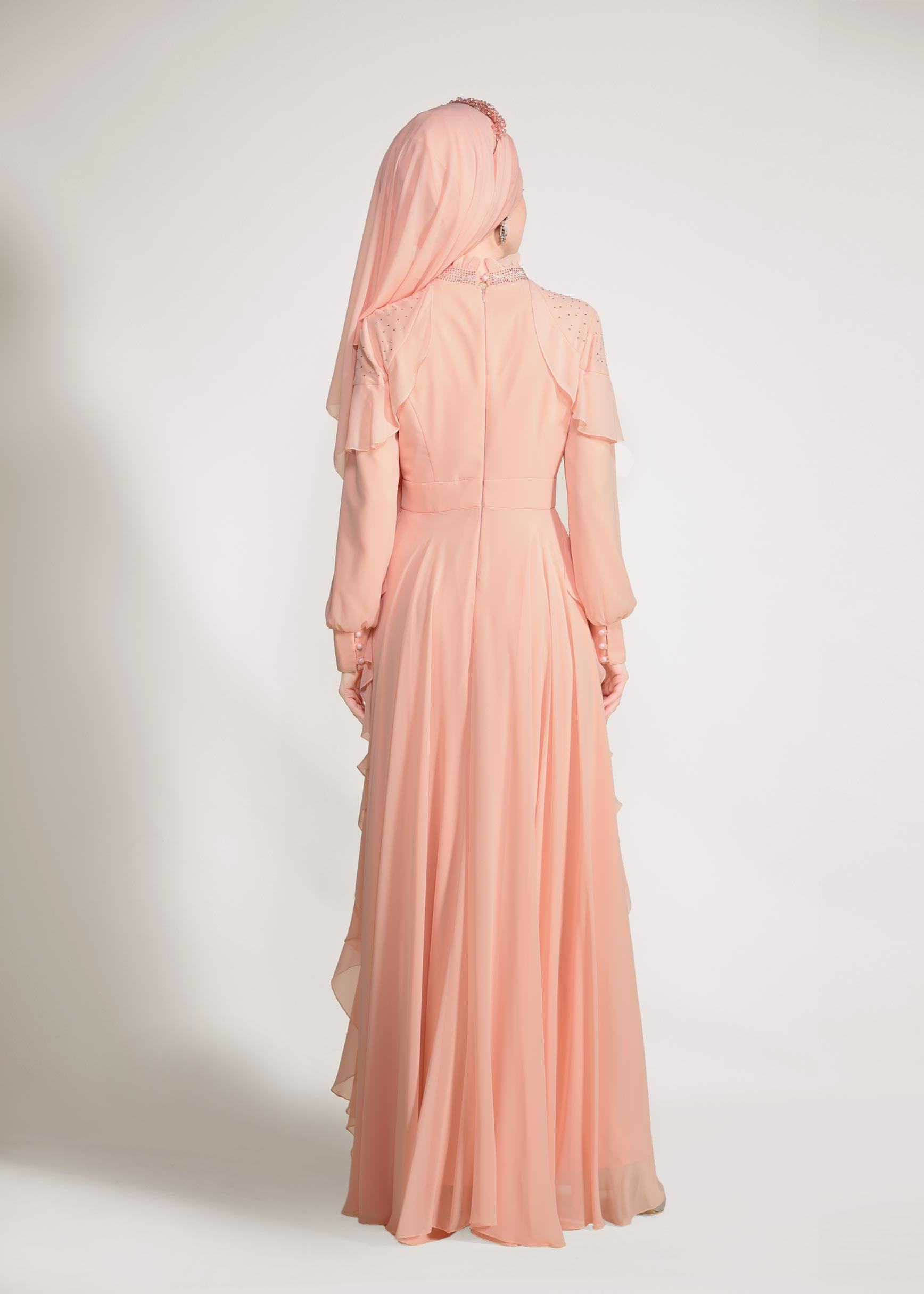 Tesettür giyim PUDRA TAŞLI ŞİFON ABİYE ELBİSE 5428