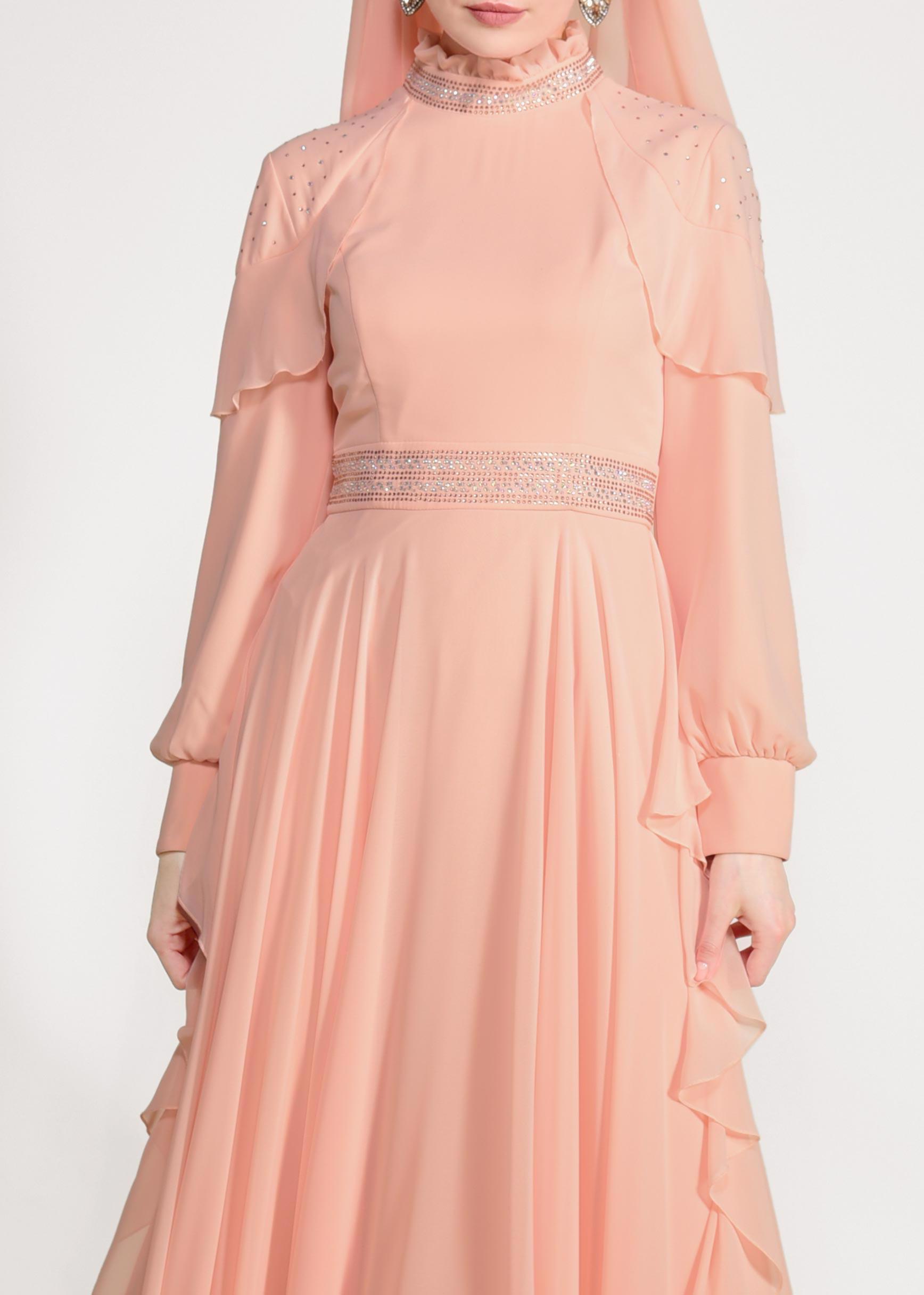 Tesettür giyim PUDRA TAŞLI ŞİFON ABİYE ELBİSE 5428