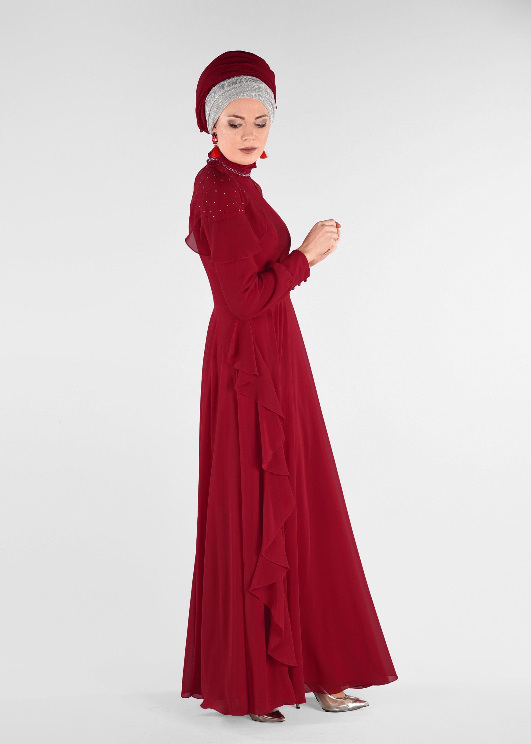 Tesettür giyim BORDO TAŞLI ŞİFON ABİYE ELBİSE 5428