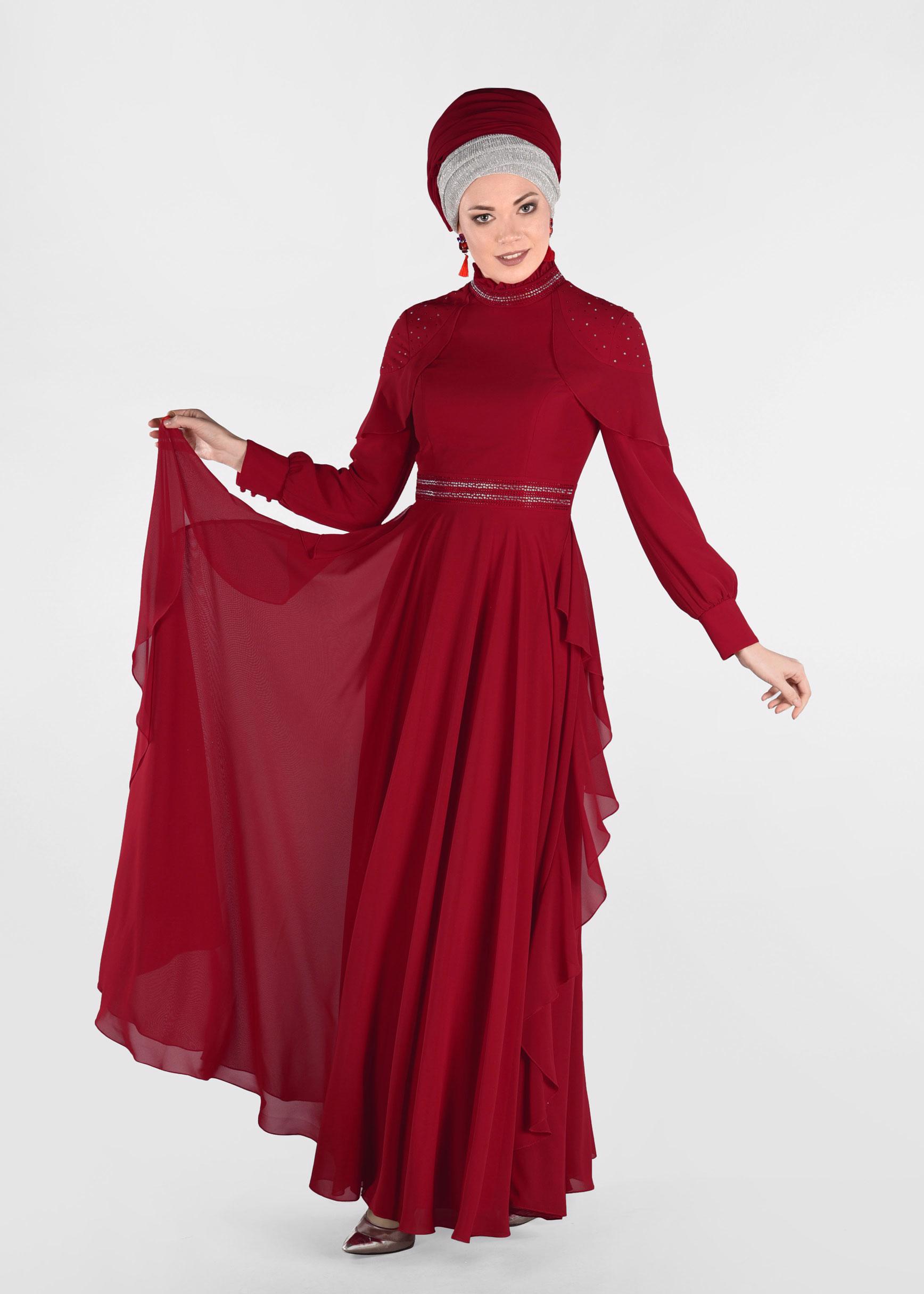 Tesettür giyim BORDO TAŞLI ŞİFON ABİYE ELBİSE 5428