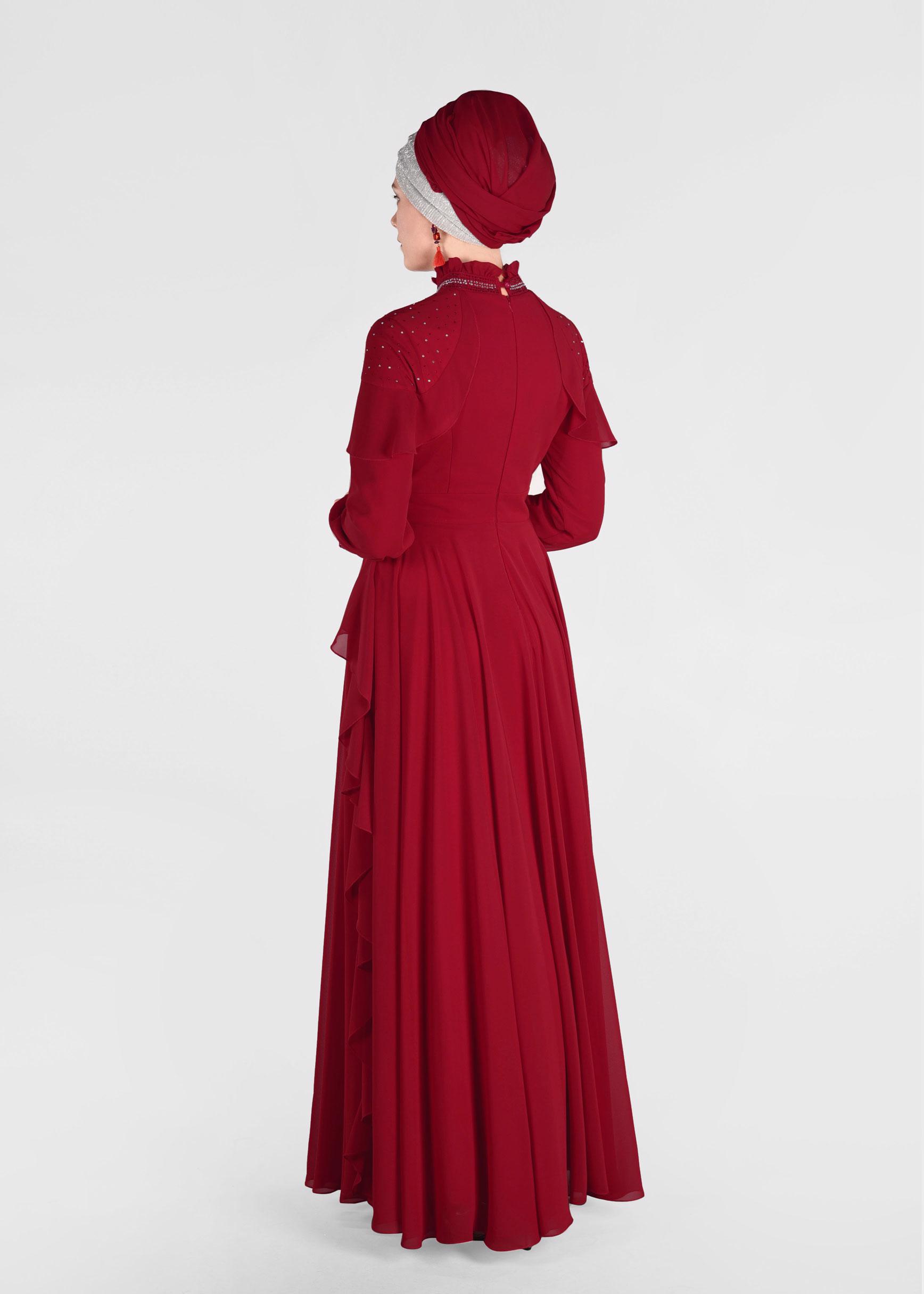 Tesettür giyim BORDO TAŞLI ŞİFON ABİYE ELBİSE 5428