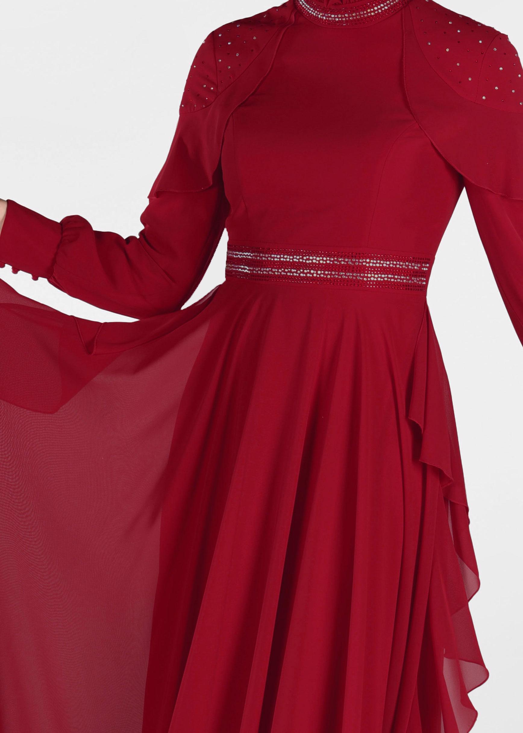 Tesettür giyim BORDO TAŞLI ŞİFON ABİYE ELBİSE 5428