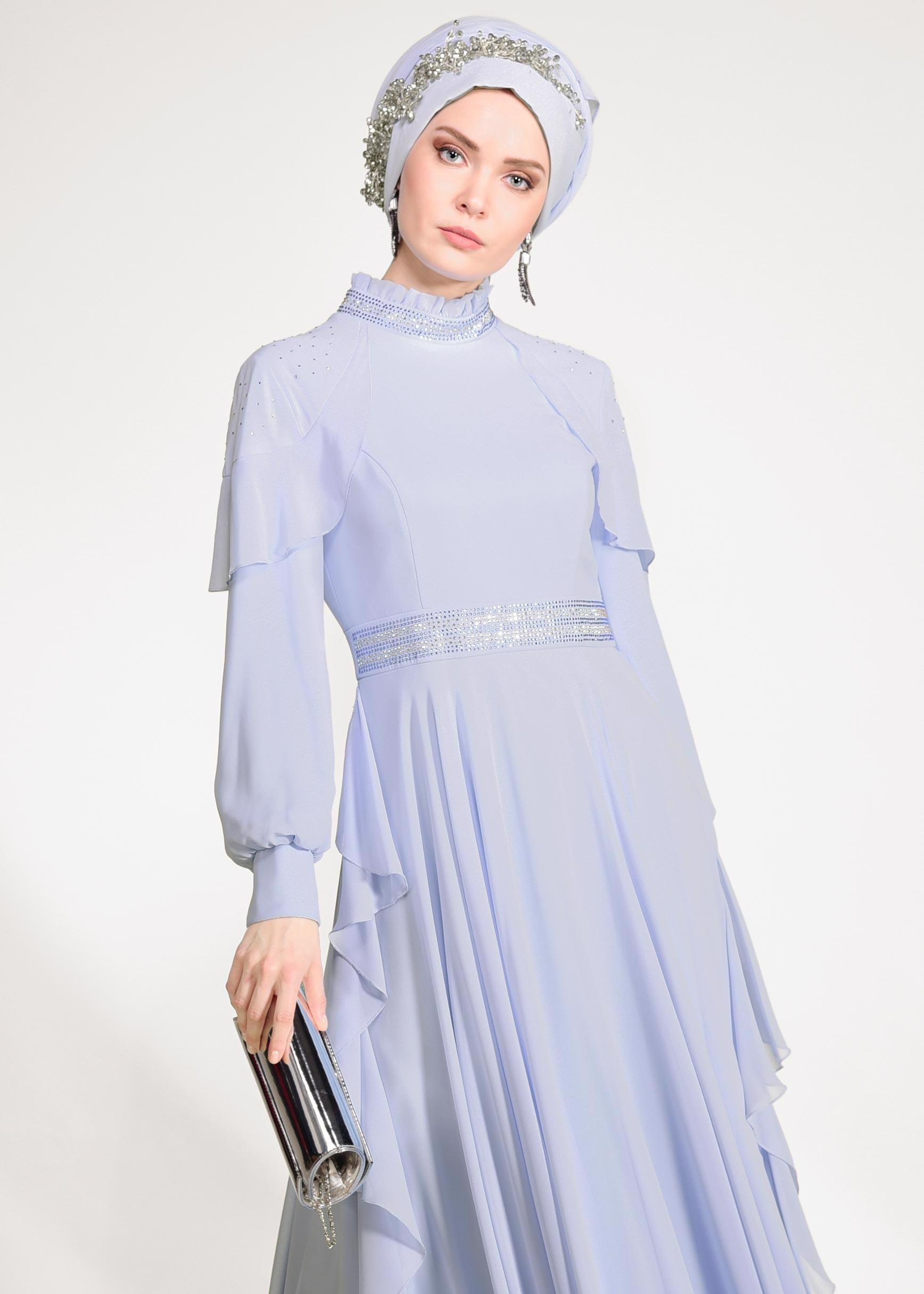 Tesettür giyim MAVİ TAŞLI ŞİFON ABİYE ELBİSE 5428