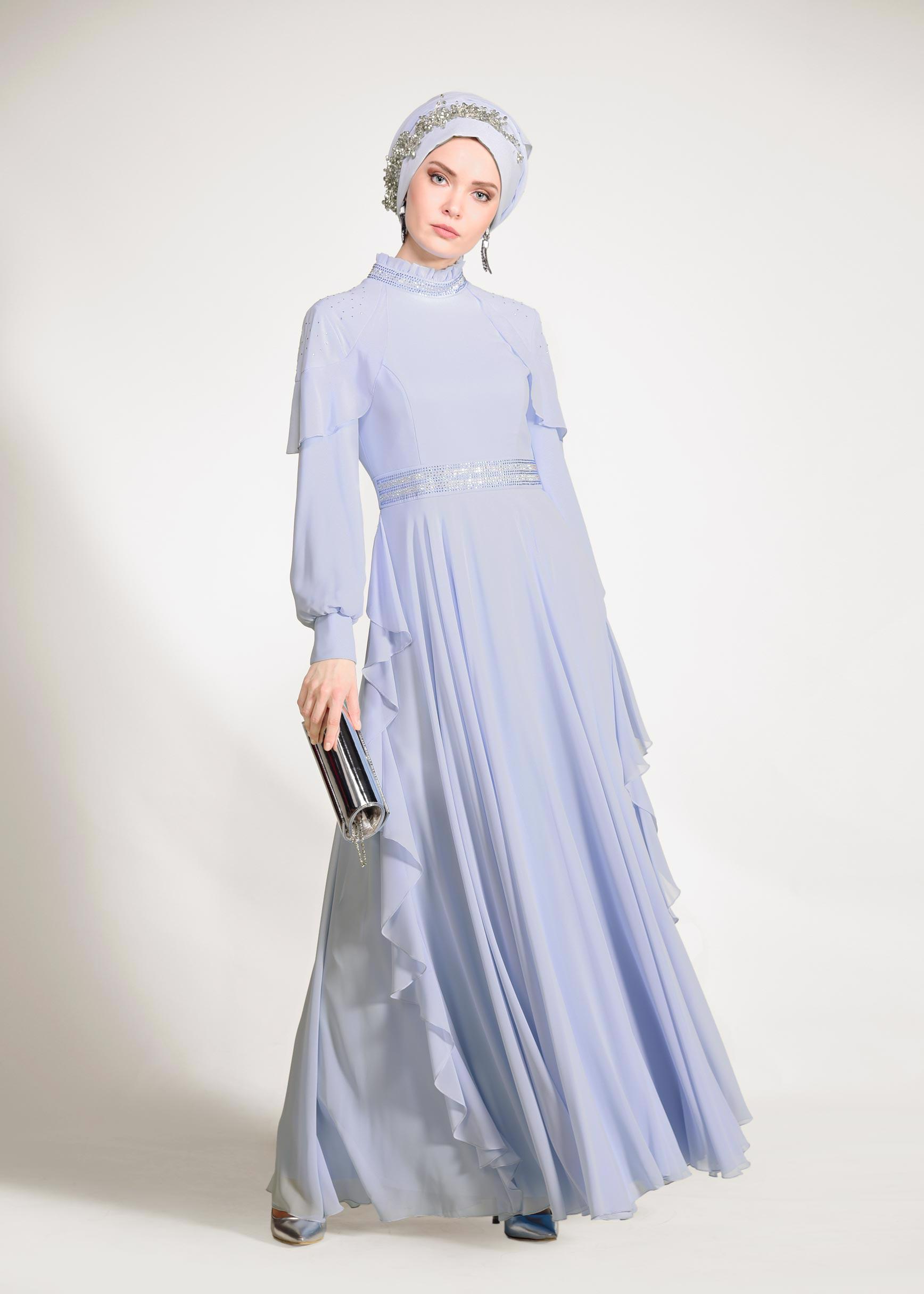 Tesettür giyim MAVİ TAŞLI ŞİFON ABİYE ELBİSE 5428