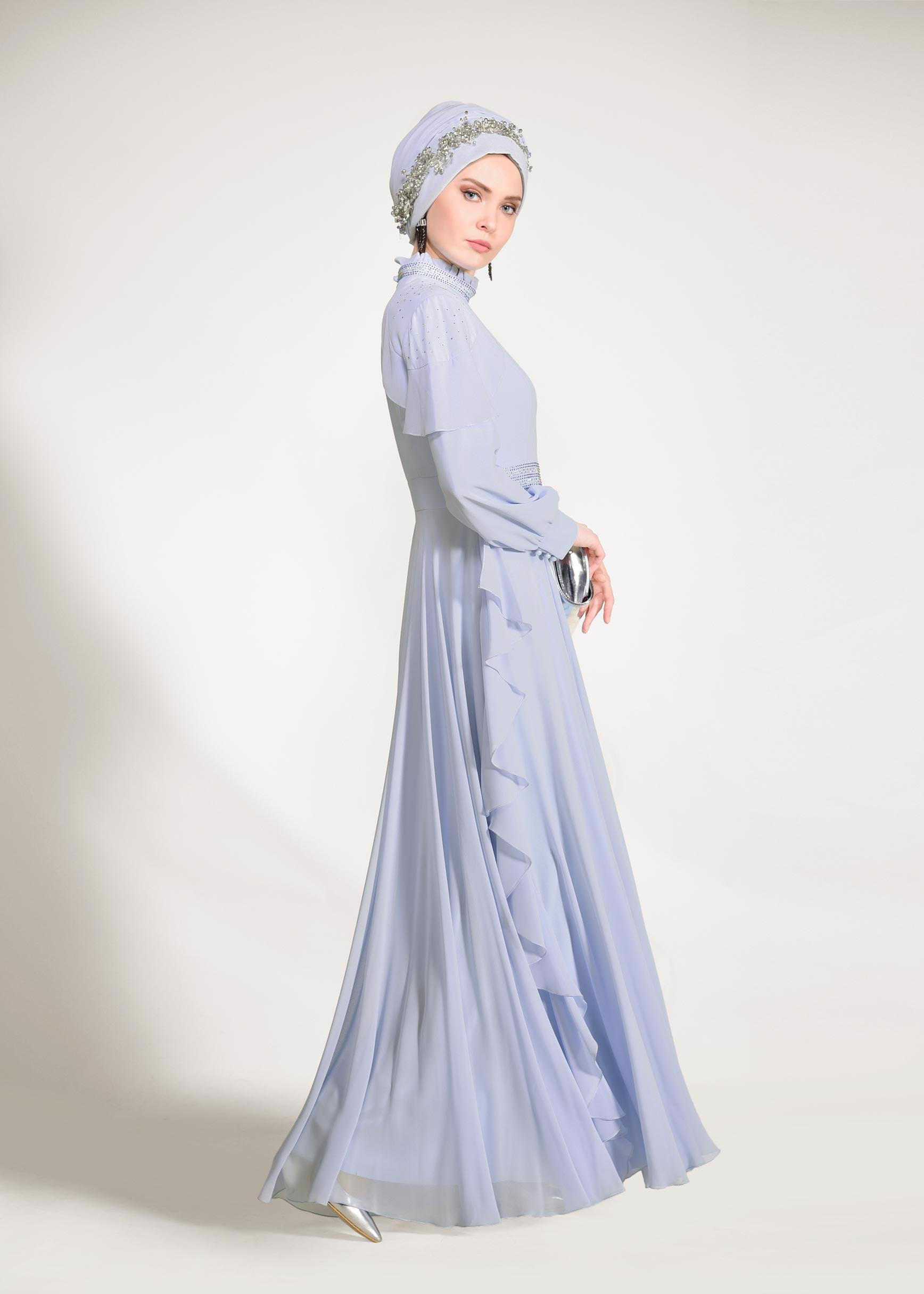Tesettür giyim MAVİ TAŞLI ŞİFON ABİYE ELBİSE 5428