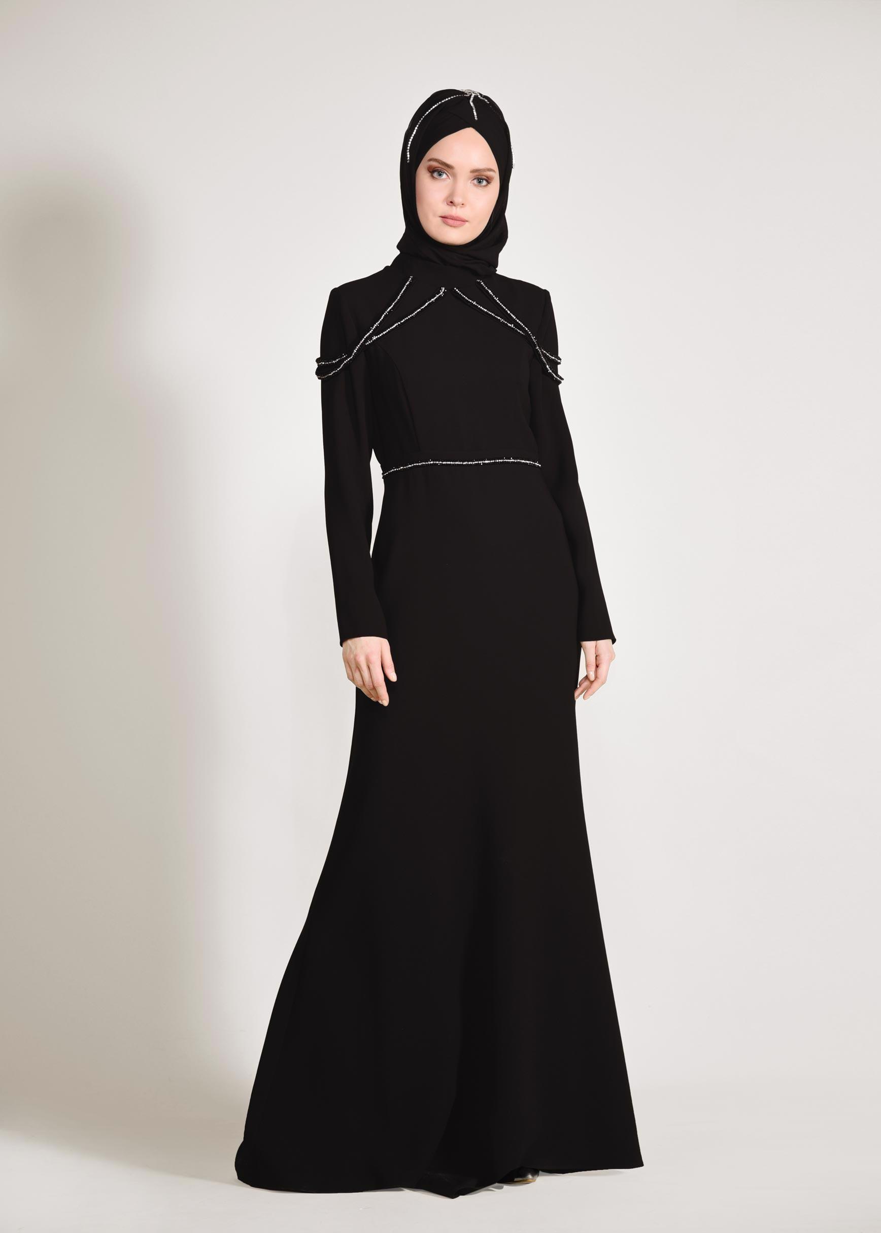 Tesettür giyim SİYAH TAŞ İŞLEMELİ ABİYE ELBİSE 5445