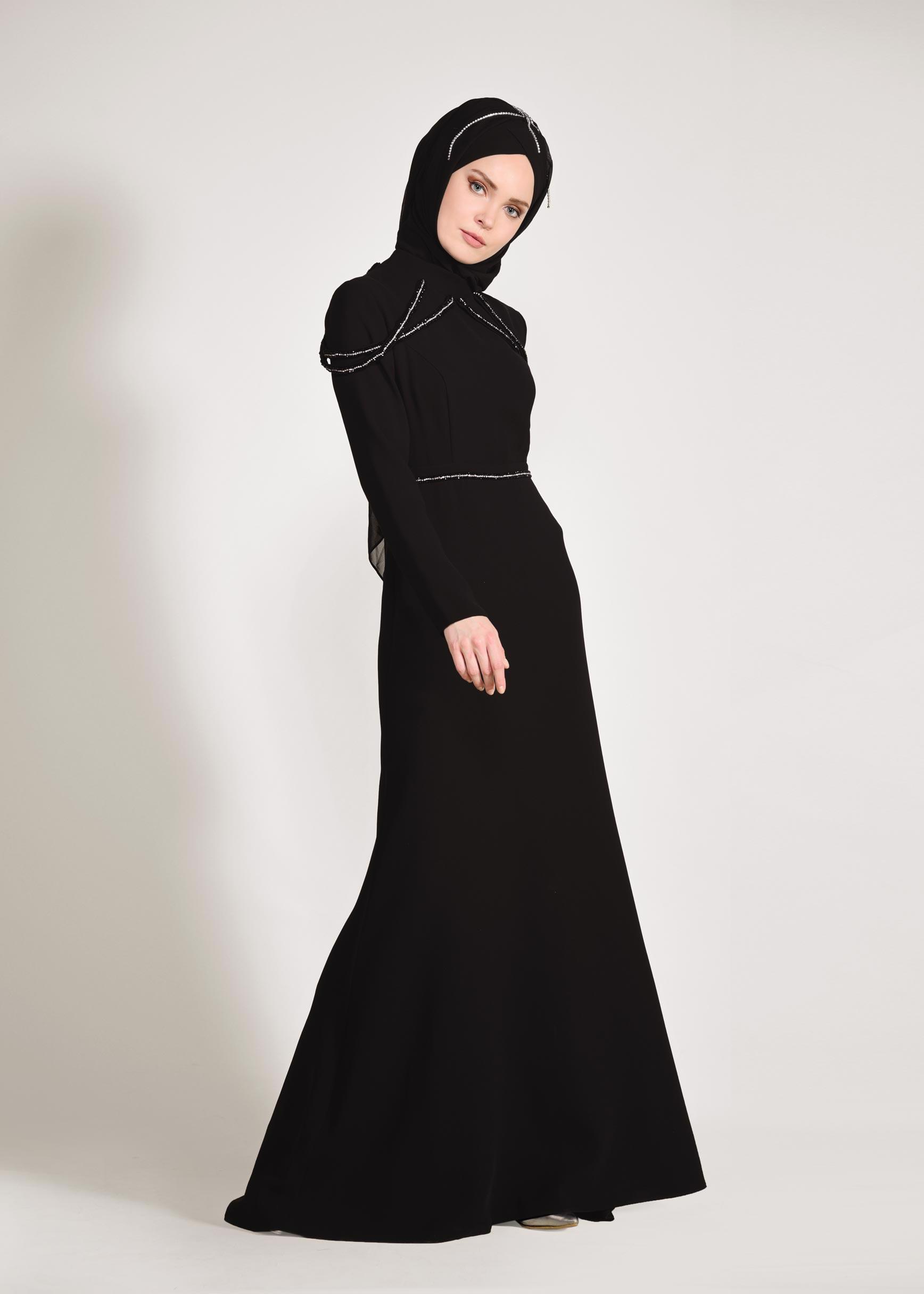 Tesettür giyim SİYAH TAŞ İŞLEMELİ ABİYE ELBİSE 5445