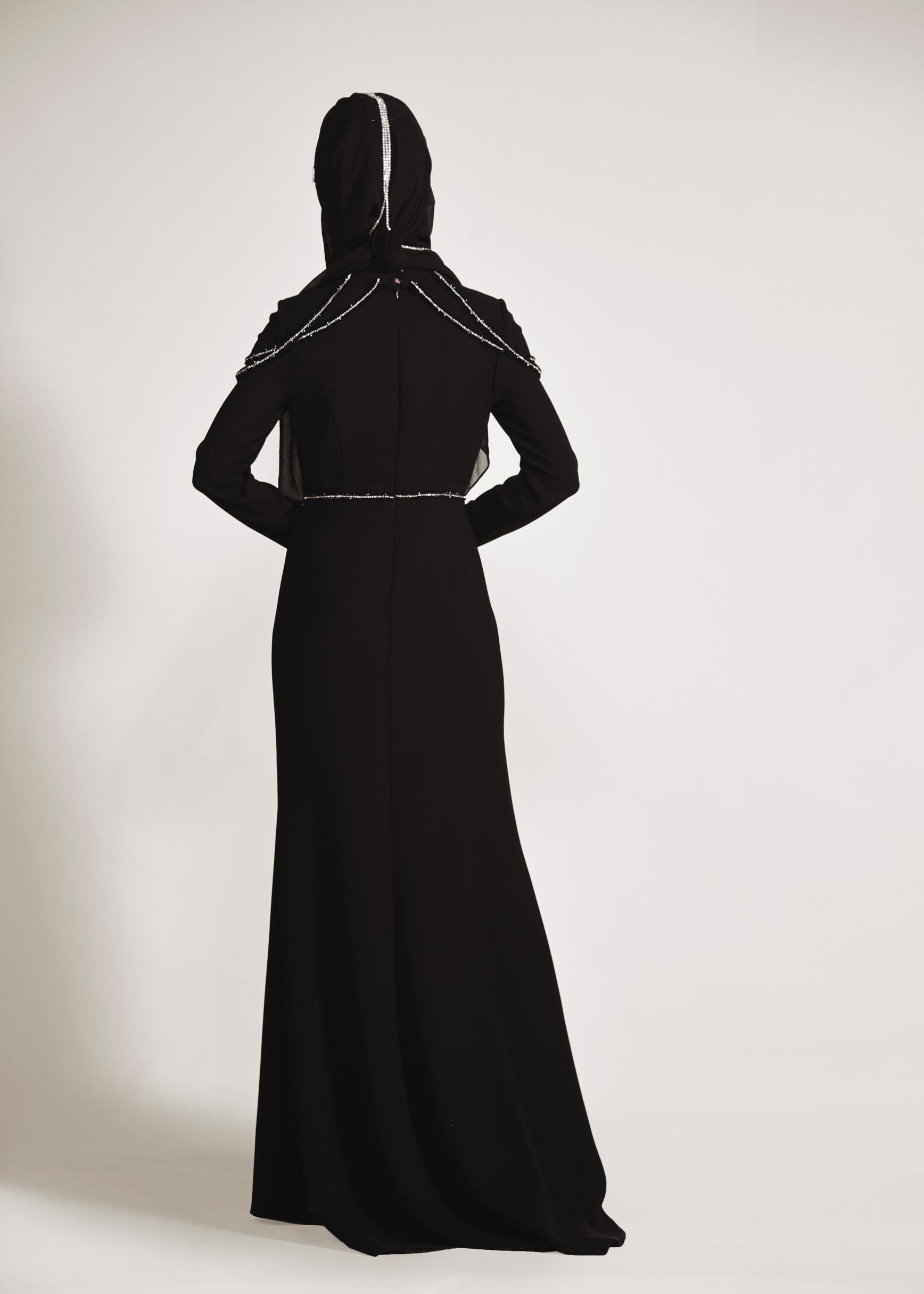 Tesettür giyim SİYAH TAŞ İŞLEMELİ ABİYE ELBİSE 5445