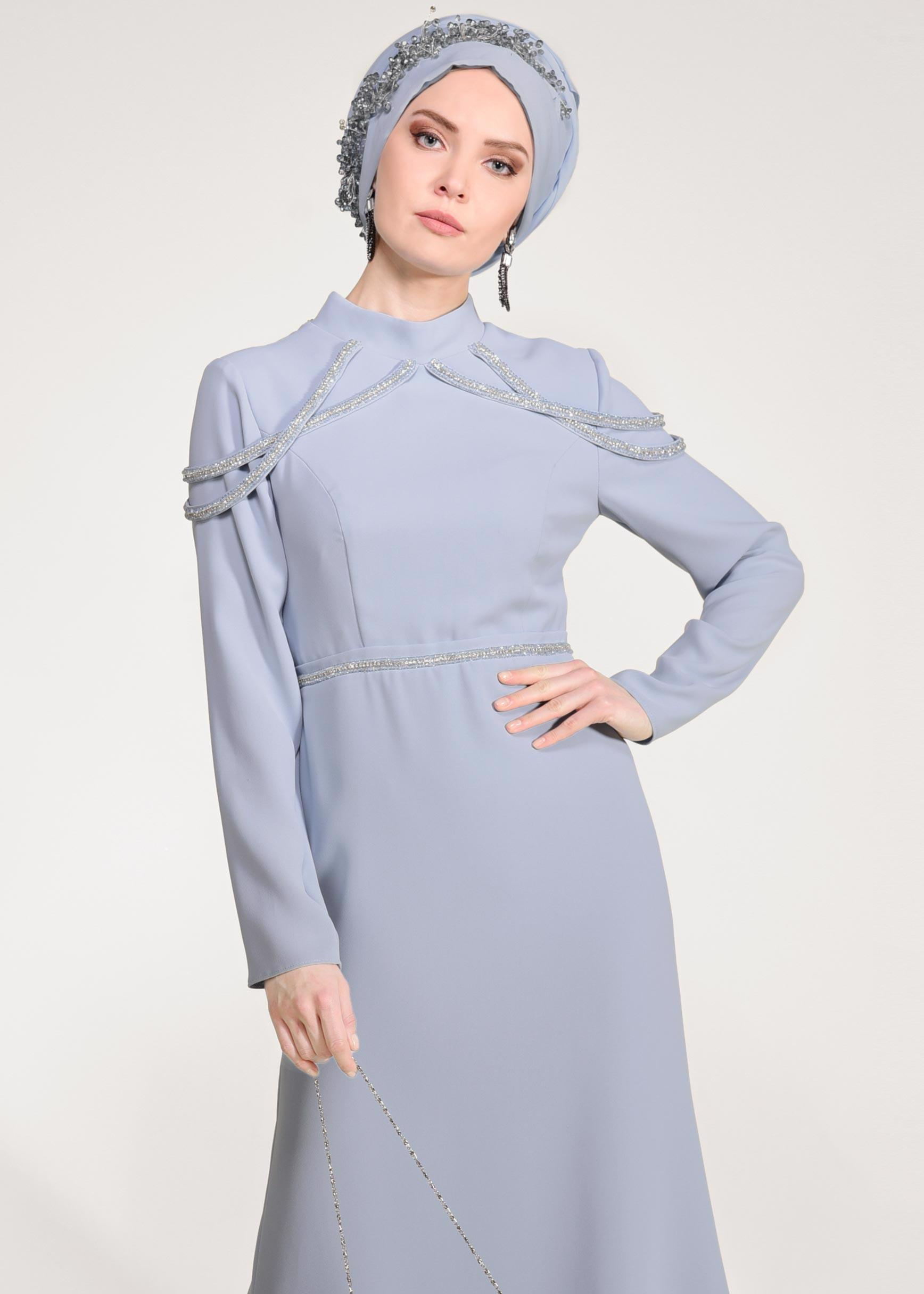 Tesettür giyim MAVİ TAŞ İŞLEMELİ ABİYE ELBİSE 5445